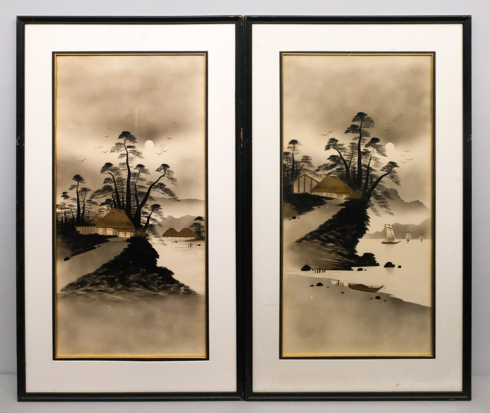Asian School, Pair of Landscapes: Asian, mid-20th century ink on paper depicting two landscapes at the edge of the water, 29" x 14 1/4" sight size, 37 1/4" x 22" framed.