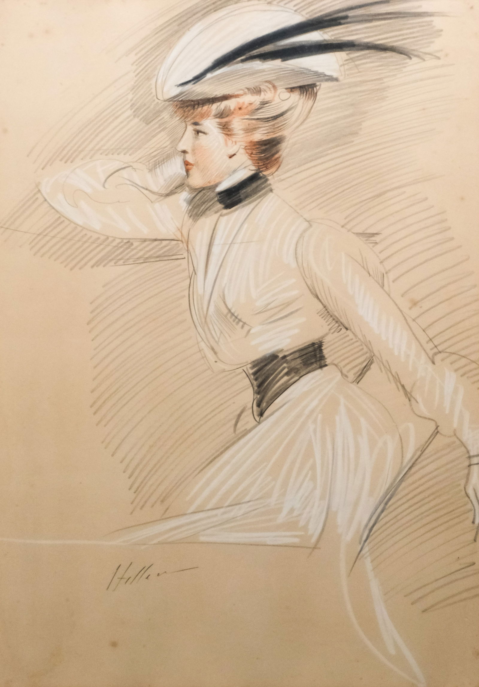 Paul Cesar Helleu, Portrait of a Woman: French, early 20th century pastel and charcoal on paper depicting a woman seated in a large hat, signed "Helleu" l.l., 29" x 20 1/2" sight size, 35" x 26 1/2" framed.