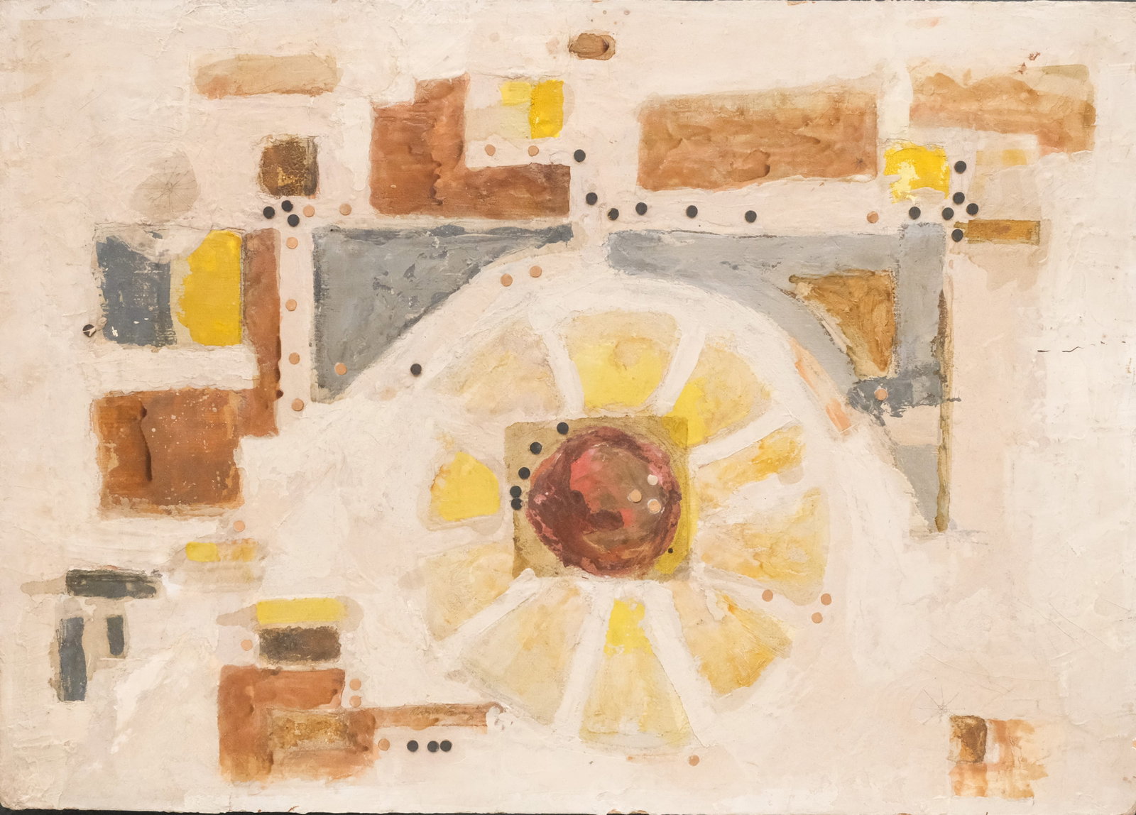 R. Roger Remington, Sun Abstract: R. Roger Remington (American, 20th century), mixed media on board depicting a form reminiscent of the sun in an abstract composition, signed l.l., 18 1/4" x 25 3/4" board, 19 1/2" x 26 3/4" framed.