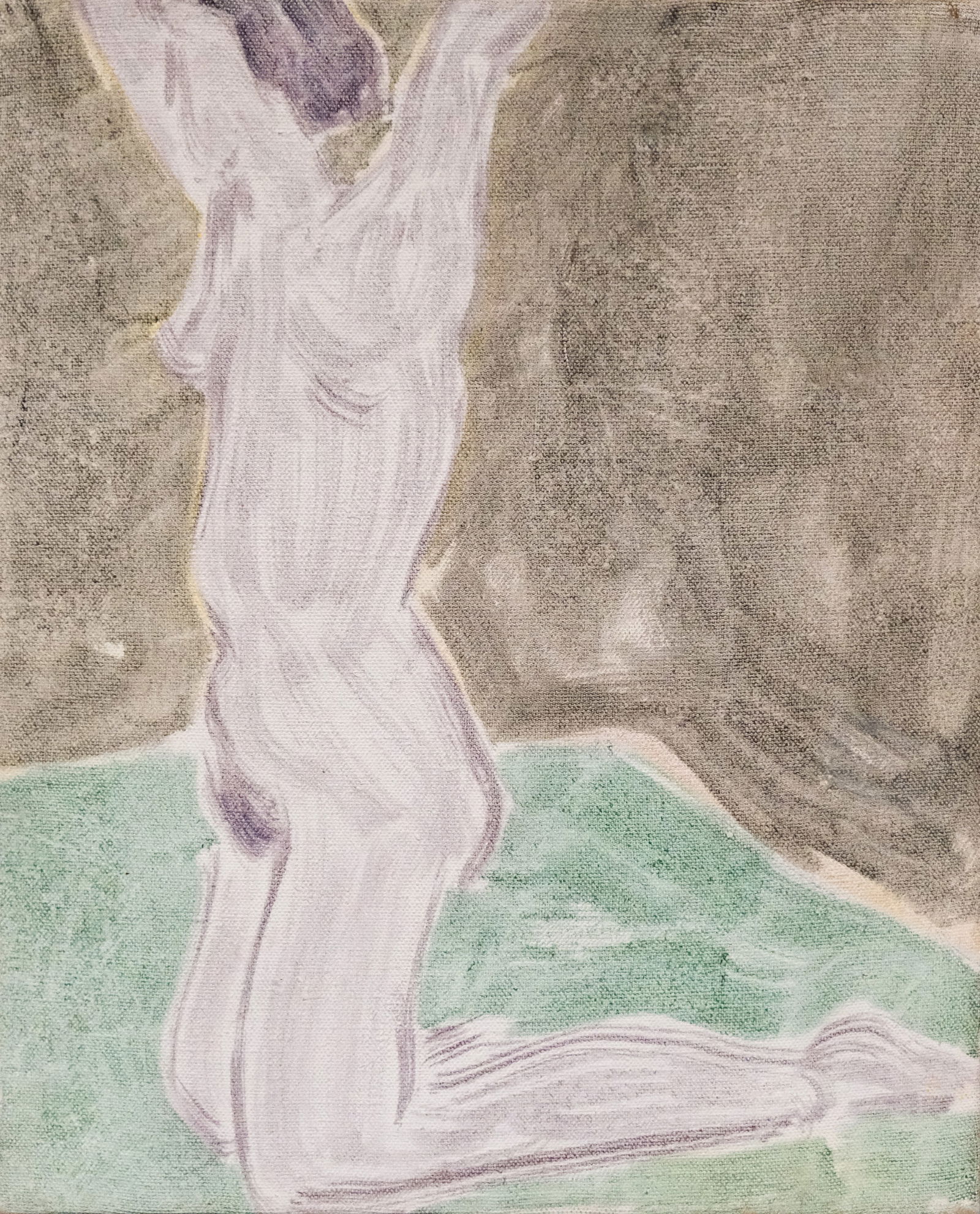 American School, Figure on Her Knees: American, 20th century oil on canvas depicting a ghostly female figure, arms over her head, on her knees in a barren landscape, signed "Milton Avery" along edge of canvas, 16" x 13" canvas.