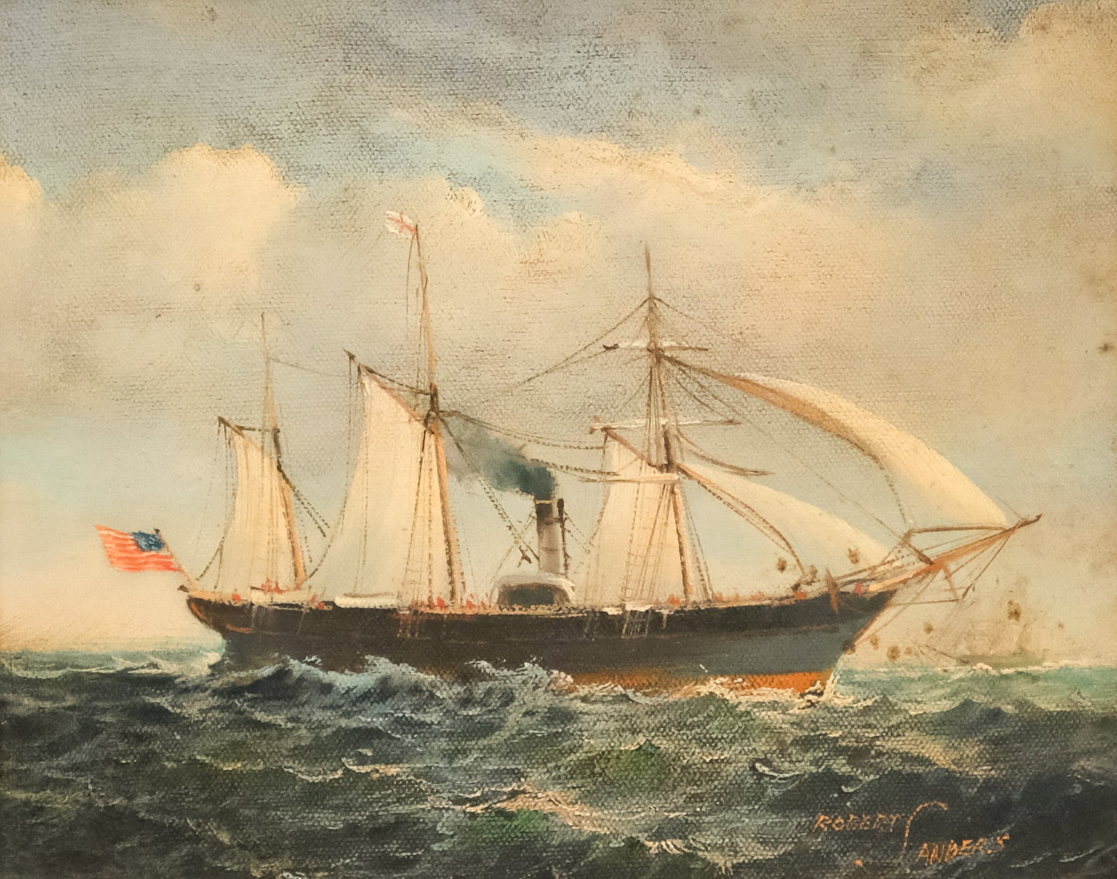 Robert Sanders, Steam Frigate: Robert Sanders (American, 20th century), oil on canvas depicting a steam frigate in the water, signed l.r., 8" x 10" canvas, 15 1/2" x 17 1/2" framed.