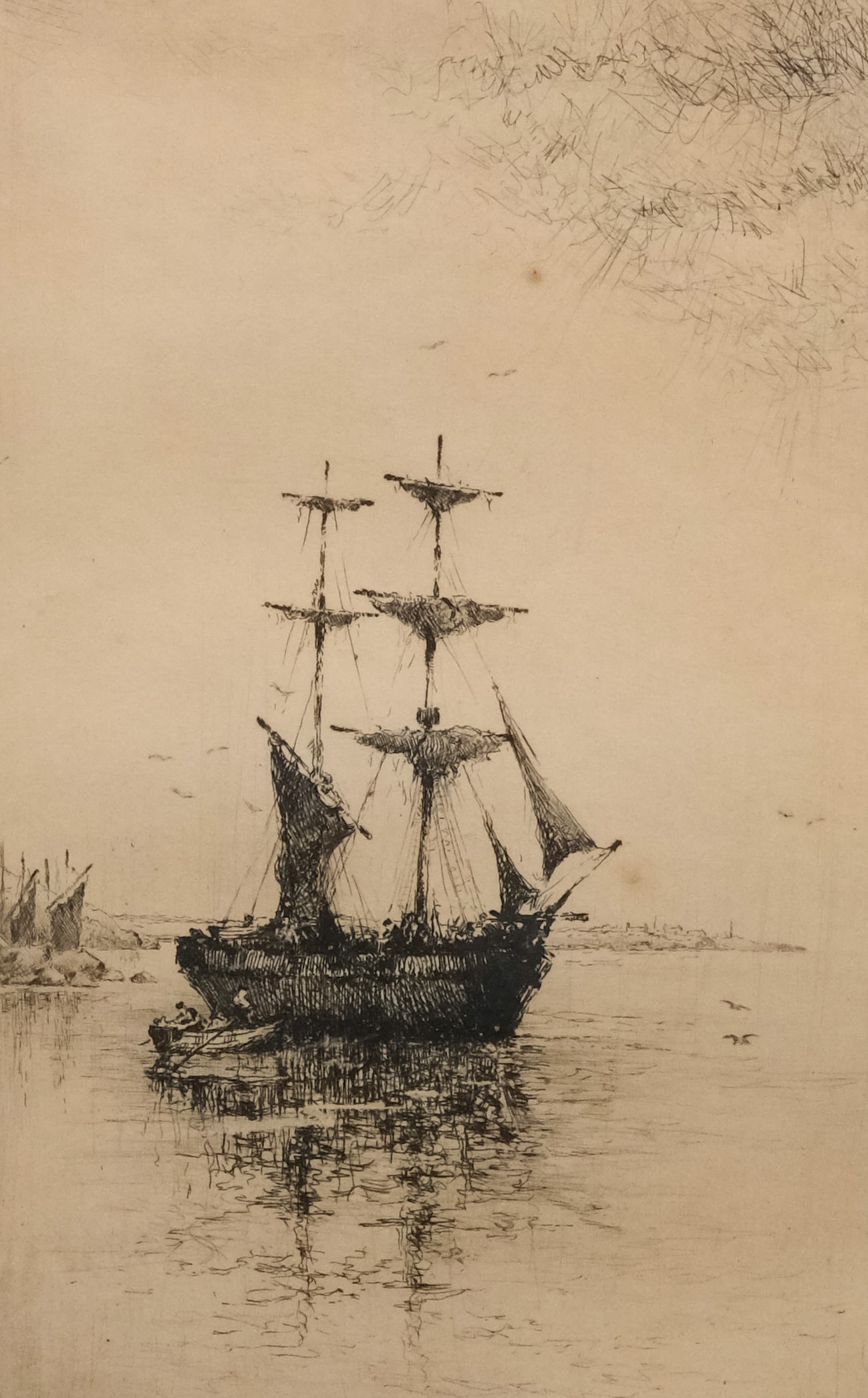Henry Jackson Simpson, "Calling": Henry Jackson Simpson (Scottish 1893-1963), etching on paper depicting boats on the water, titled l.l., signed in pencil l.r., 8 3/4" x 5 3/4" image size, 18 3/4" x 13 3/4" framed.