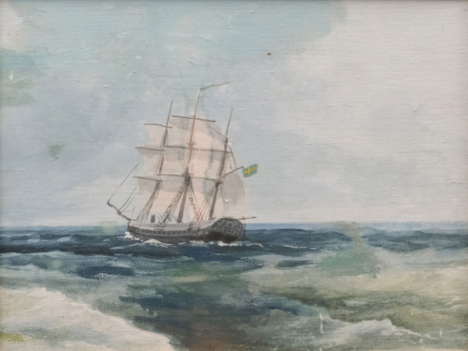 European School, Ship at Sea: European, 20th century oil on panel depicting a ship flying the Swedish flag on the water, 11" x 14" panel, 17" x 20 1/4" framed.