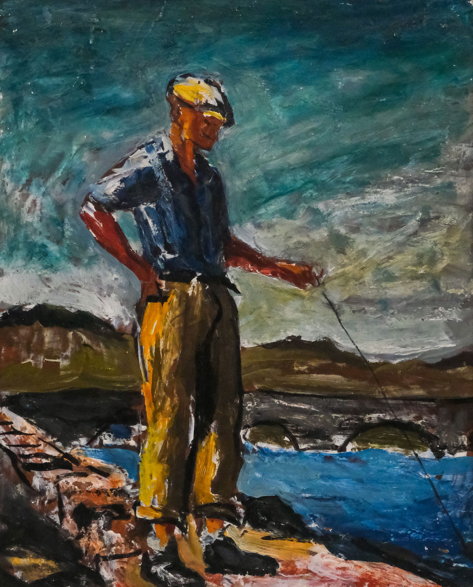 American School, Man On a Bridge: American, 20th century oil on masonite depicting a man at the edge of a bridge, holding a thin cord from his finger, 16" x 13" board, 19 3/4" x 16 1/2" framed.