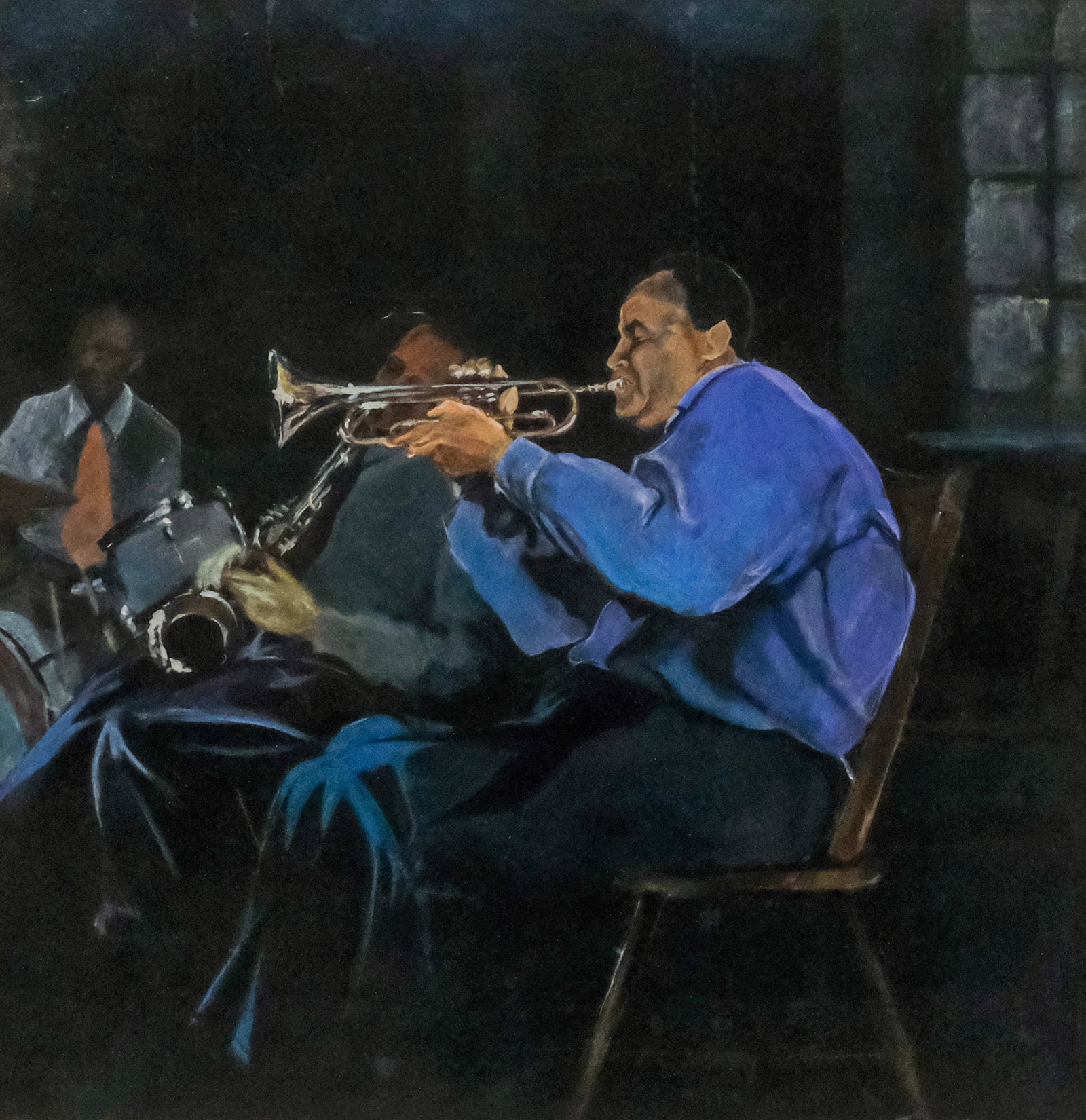 After Jason Schneider, "The Blue 22": After Jason Schneider (American, 20th century), oil on board depicting a trumpet player in a band, titled verso, 15" x 14" board, 23 3/4" x 23 1/4" framed.