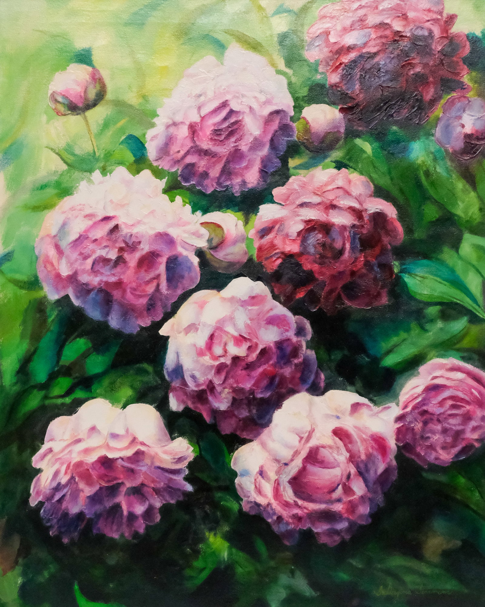 American School, "Peonies in Bloom": American, 2009, oil on canvas depicting a bush of peonies in bloom, signed "Sr. Virginia Simmons" l.r., 30" x 24" canvas, 34" x 28 1/2" framed.