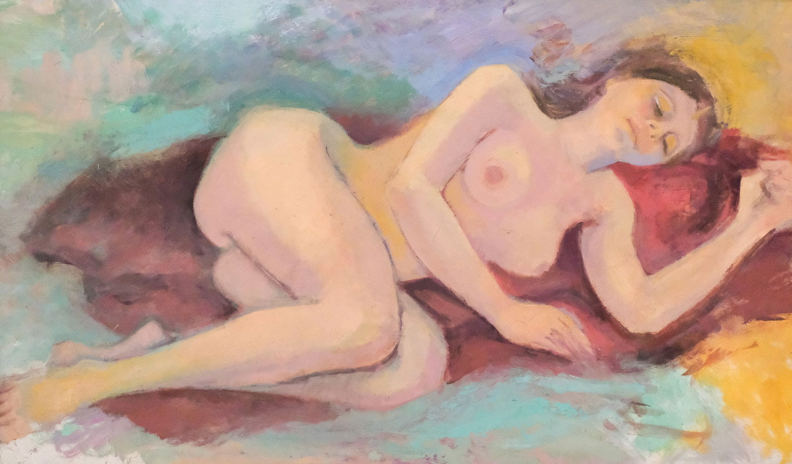 American School, Reclining Nude: American, 20th century oil on masonite depicting a young nude woman reclining on a red blanket, 18" x 30" board, 22 1/2" x 34 1/4" framed.
