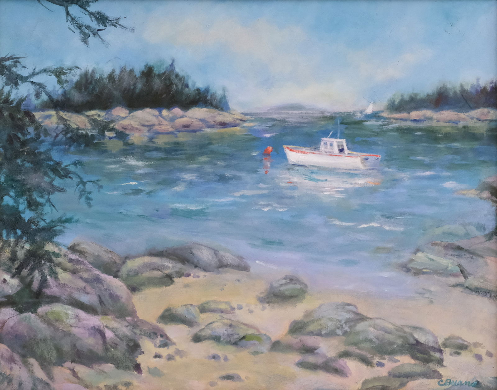 American School, Quiet Boat on the Water: American, 20th century oil on board depicting a white boat on the water, signed "Burns" l.r., 16" x 20" board, 21 1/4" x 25 1/4" framed.