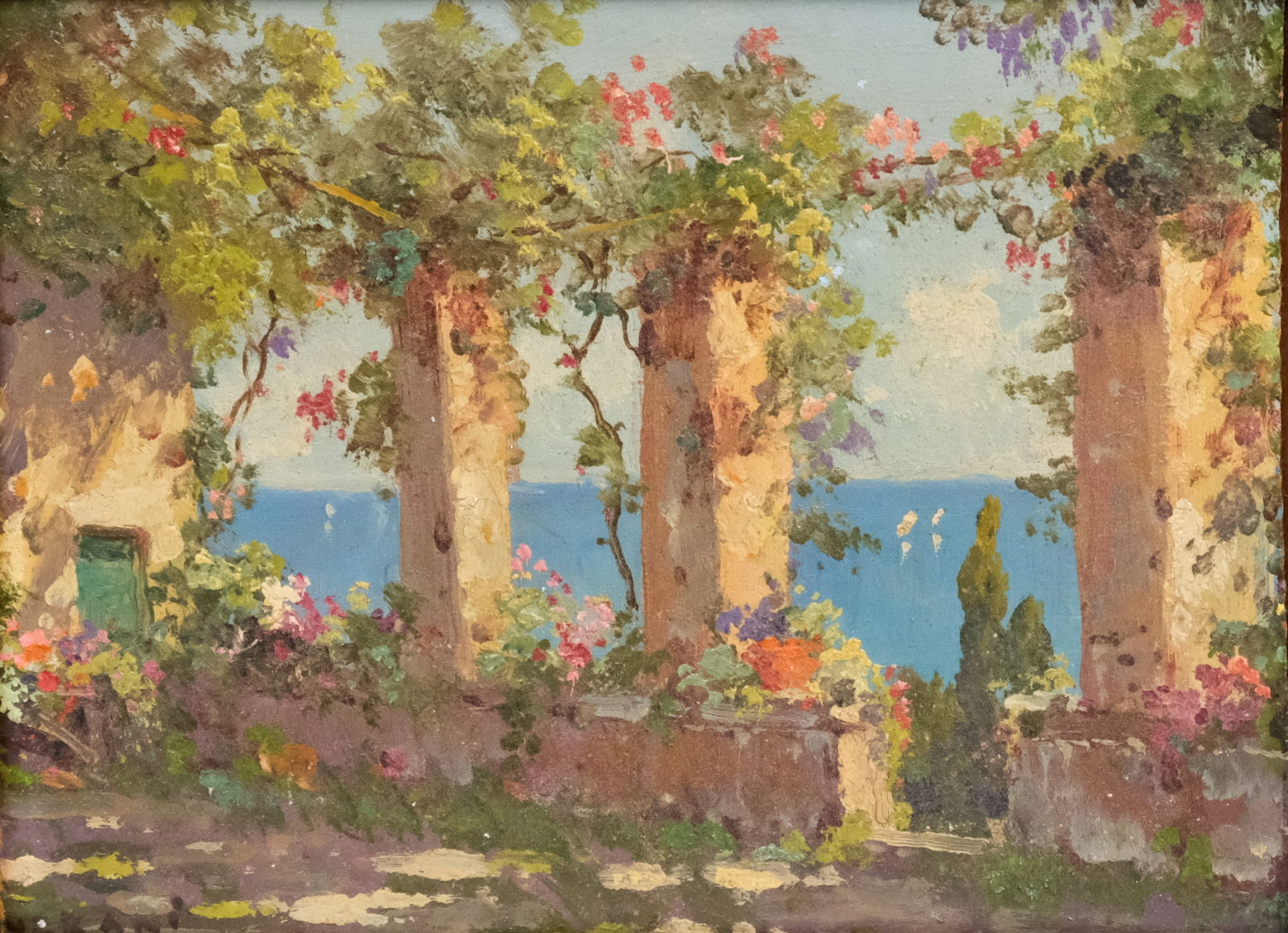 Italian School, Amalfi Coast Scene: Italian, early 20th century oil on board depicting a balcony on the Amalfi Coast, signed "Verani" l.l., 9" x 12" board, 13 3/4" x 16 3/4" framed.