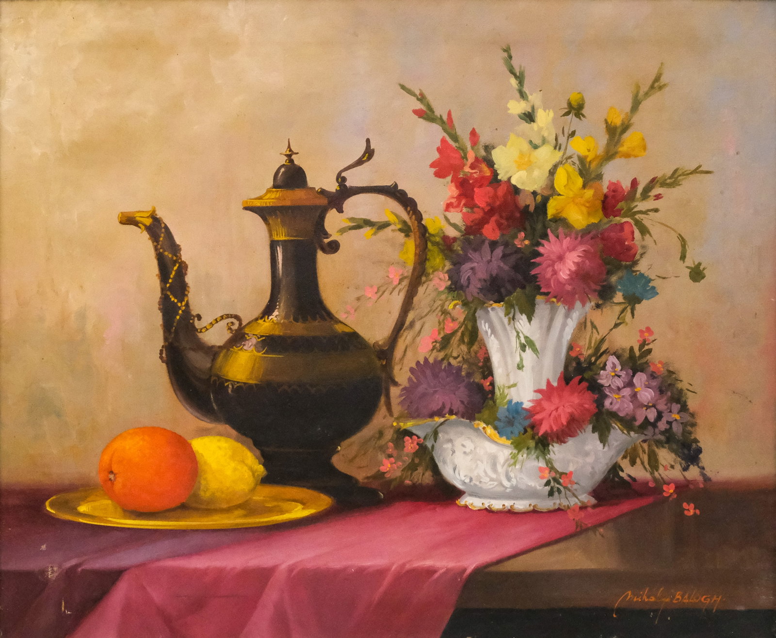 Mihály Balogh, Still Life with Fruit & Flowers: Mihály Balogh (Hungarian, 20th century), oil on canvas depicting a still life with flowers, fruit and decorative kettle, signed l.r., 20" x 24" canvas, 23" x 26 1/2" framed.
