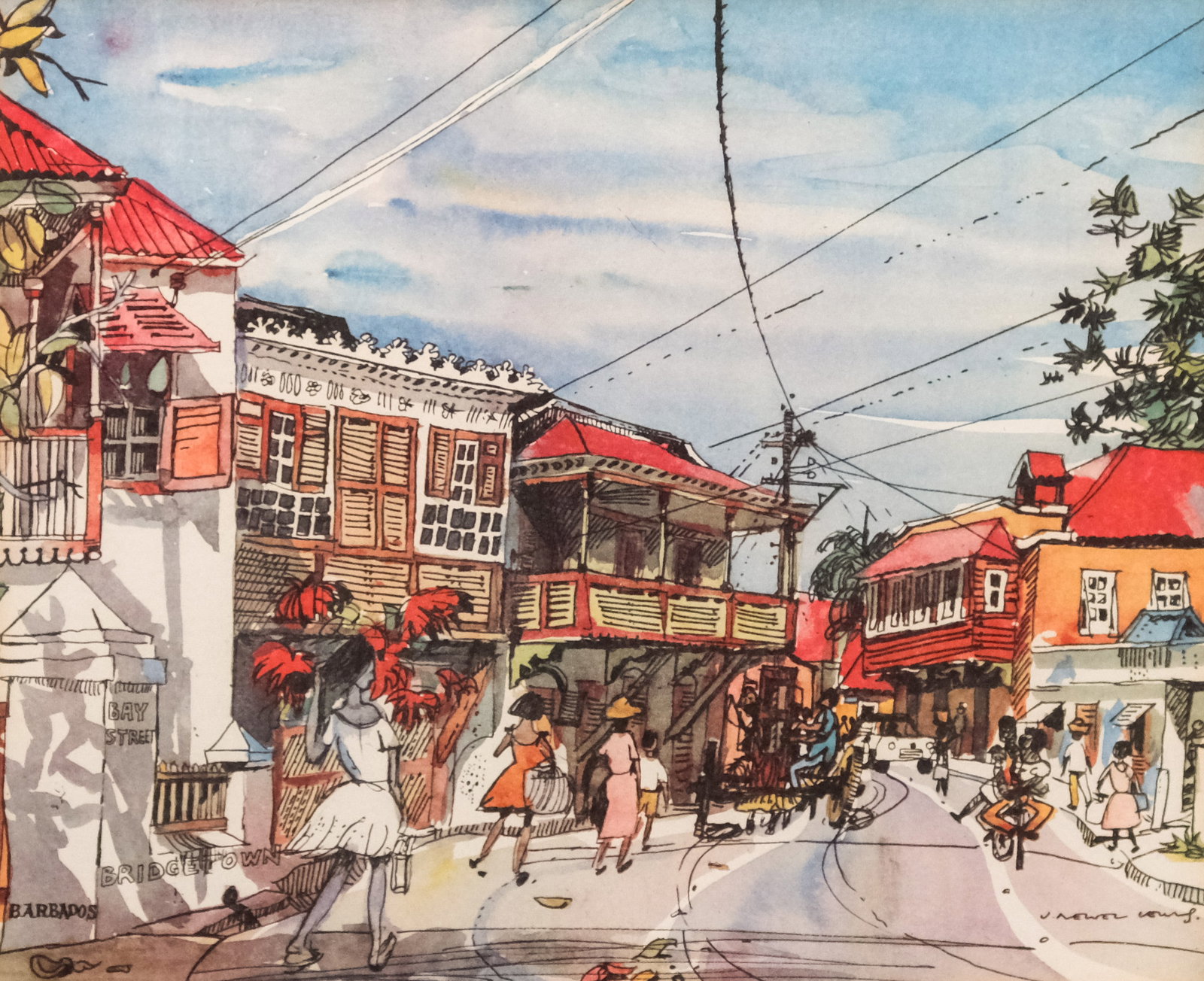 Caribbean School, Bridgetown, Barbados: Caribbean, 20th century, lithograph on paper depicting a bustling Bay Street in Bridgetown, Barbados, signed illegibly in print l.r., 9 1/2" x 11 1/2" sight size, 15 1/2" x 17 1/4" framed.