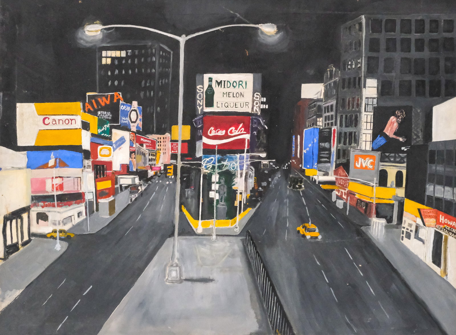 American School, Times Square: American, 1970s oil on canvas depicting a quiet Times Square lit by street lights, 29 3/4" x 40" canvas.