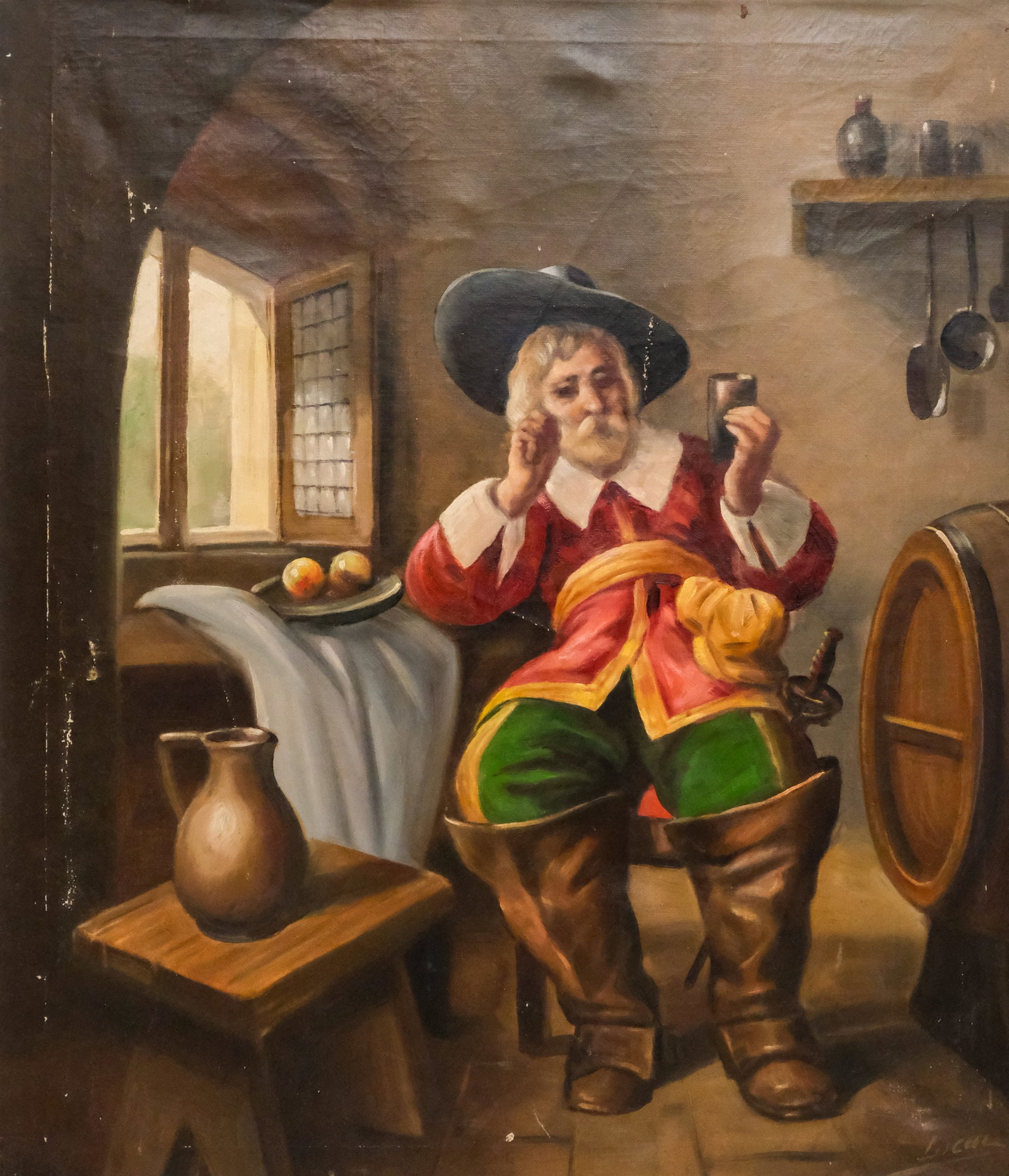 American School, In the Style of Dutch Masters: American, 20th century oil on canvas depicting a Dutch man seated by a window, looking wistfully at his drink, in the style of the Dutch Masters, signed illegibly l.r., 27 1/2" x 23 3/4" canvas.