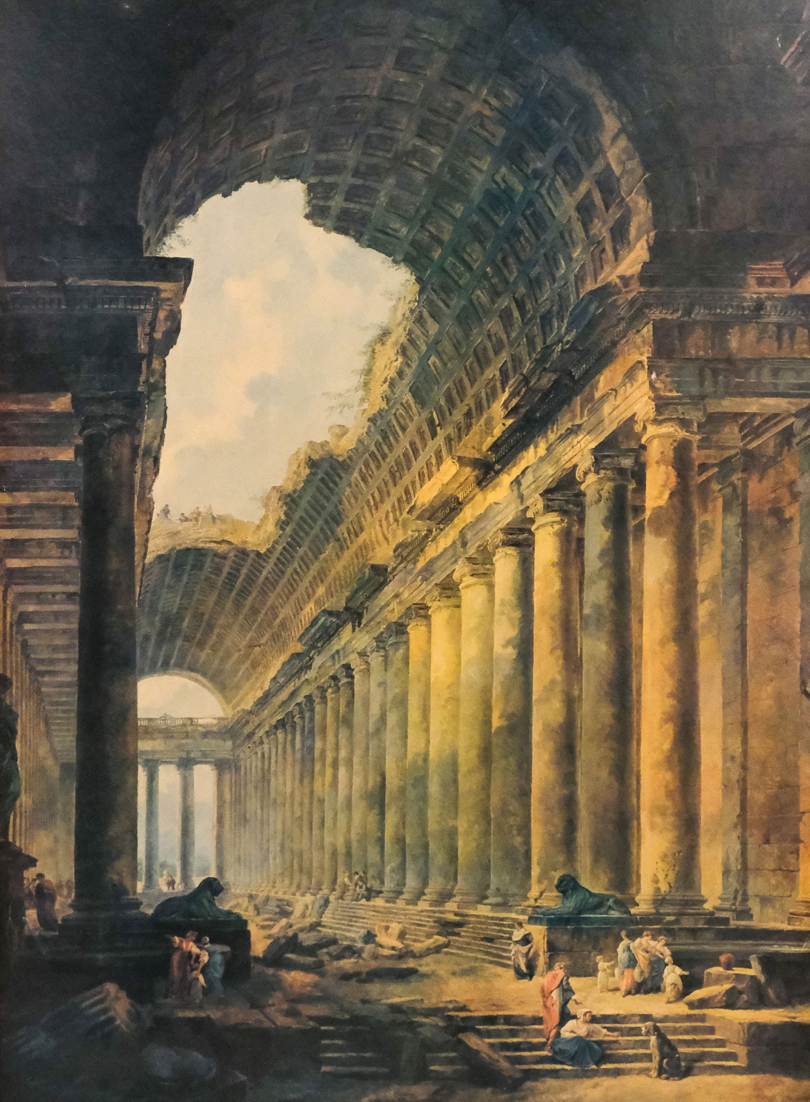 Hubert Robert, "Old Temple" Print: Hubert Robert (French, 1733-1808), mid-century chromolithograph on board depicting an old temple ruin, 40" x 30" board, 47 1/2" x 37 1/2" framed.