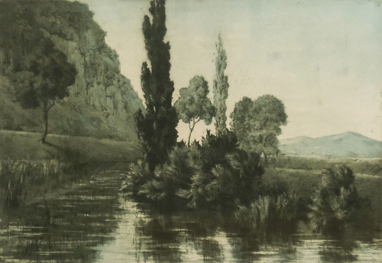 American School, Trees by the Pond: American, 20th century engraving with aquatint depicting trees on the edge of a pond, signed illegibly in pencil l.r., 8 1/4" x 11 3/4" image size, 14 1/4" x 17 1/4" framed.