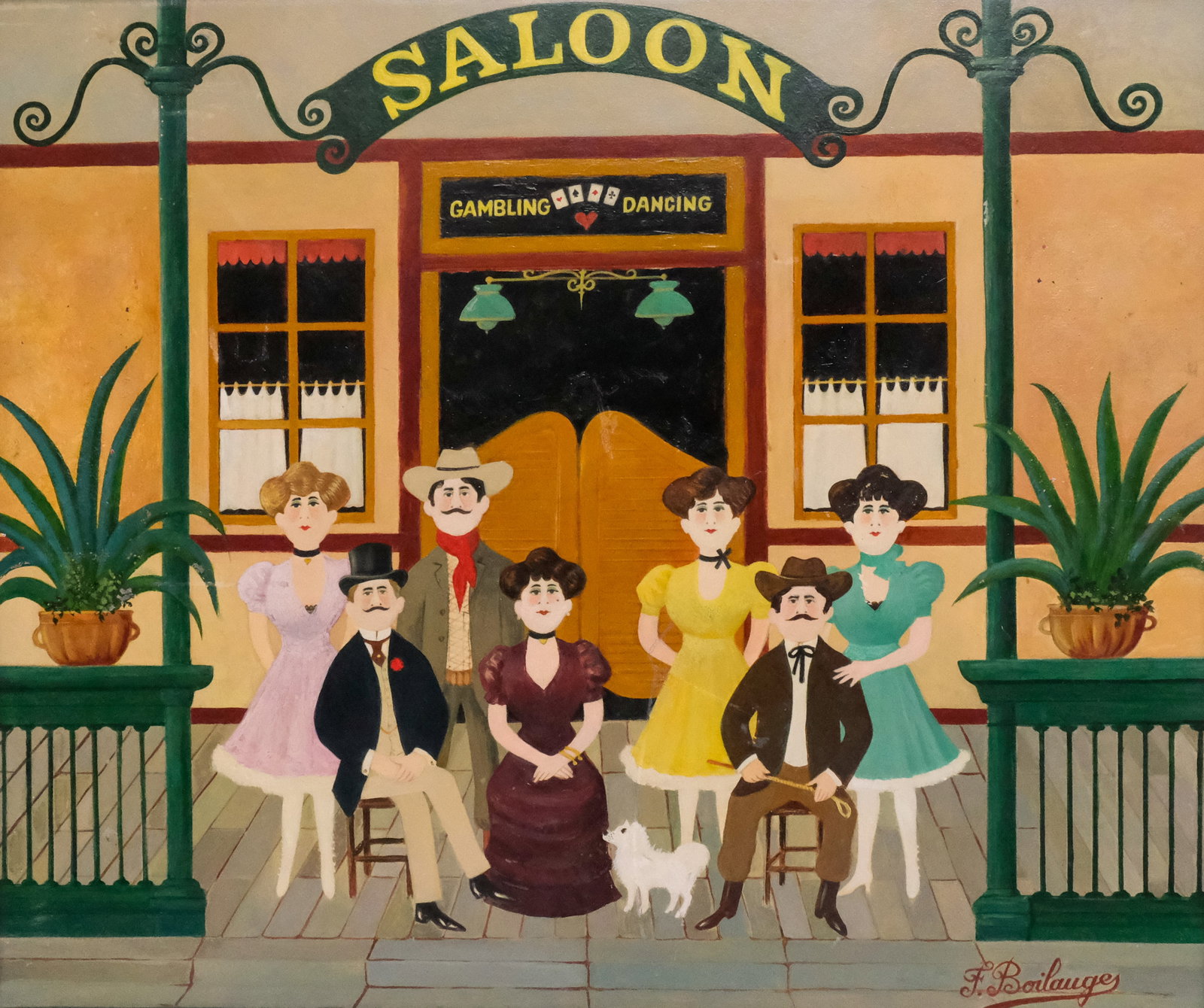 Fernand Boilauge, "Saloon": Fernand Boilauge (French, 1891-1991), acrylic on panel depicting a folk art group of men and women in front, signed l.r., 18" x 21 1/4" sight size, 24 1/4" x 27 3/4" framed.