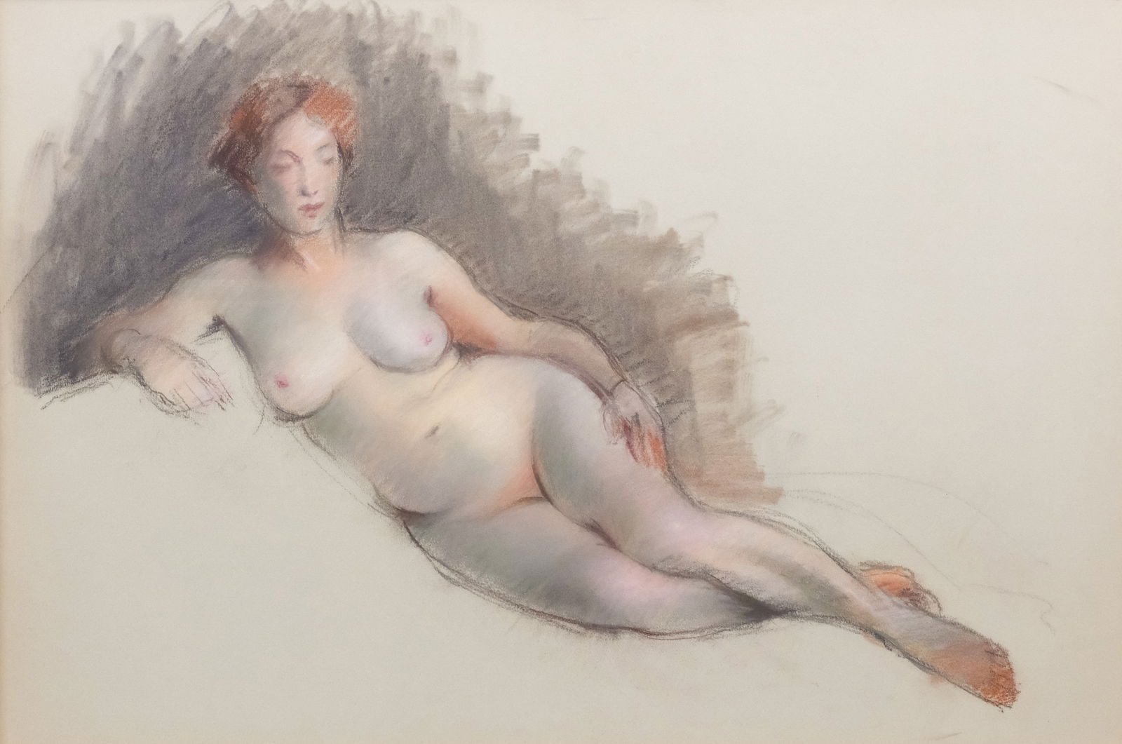 American School, Study of a Nude: American, 20th century pastel on paper depicting a reclining nude woman from the front, 17" x 25 1/2" sight size, 21" x 29 1/2" framed.