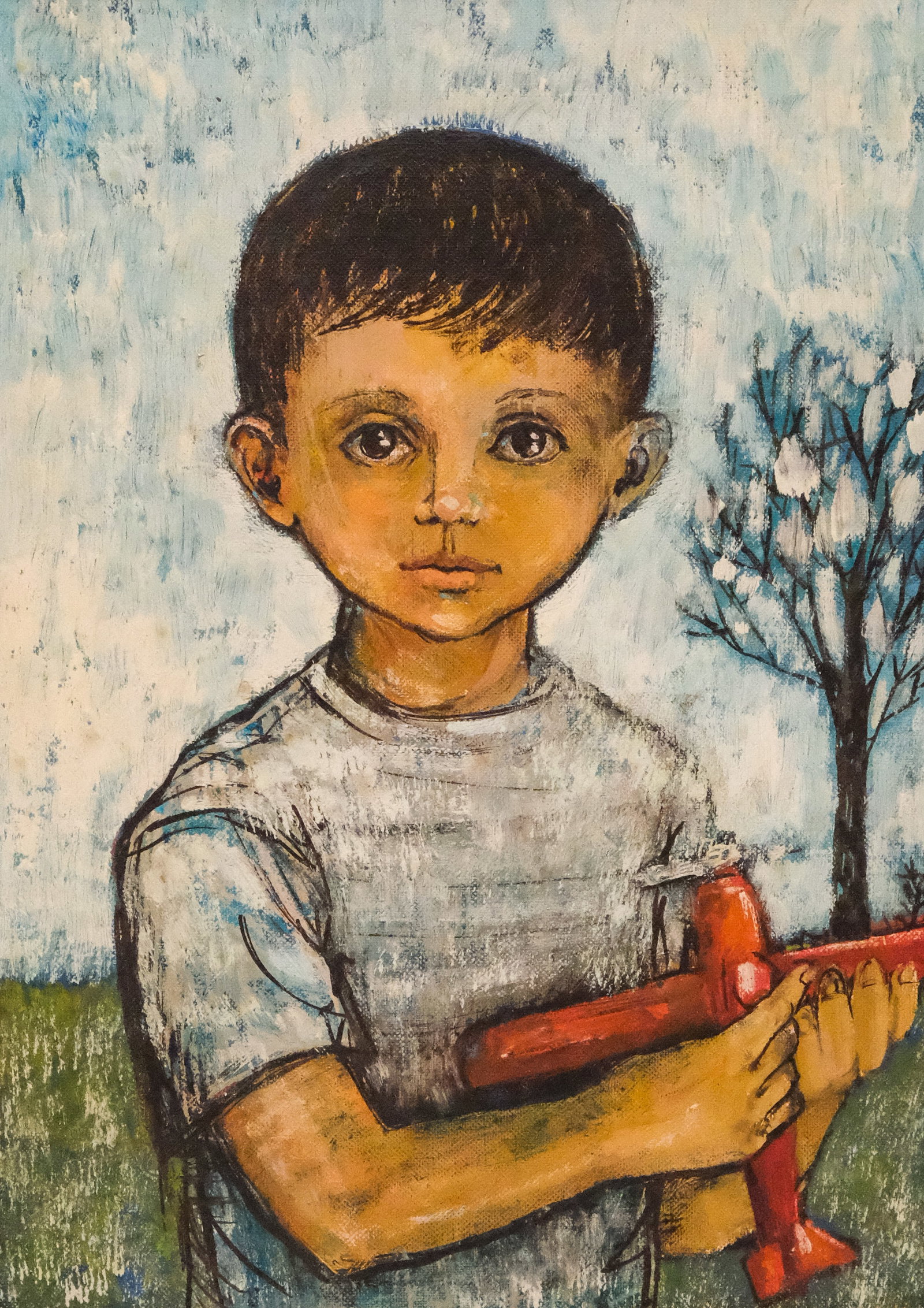 Katy Keck Arnsteen, "Red Plane": Katy Keck Arnsteen (American, born 1934), oil on canvas board depicting a small boy holding a red toy plane, signed and titled verso, 14" x 10" board, 17" x 13" framed.