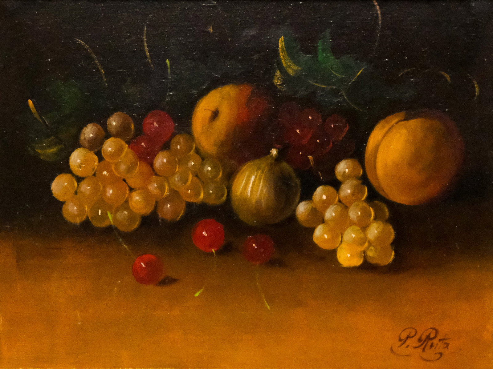Peter Ruta, Still Life of Fruit: Peter Ruta (German, 1918-2016), oil on canvas depicting a still life with fruits and an onion, signed l.r., 12" x 16 1/4" canvas, 18 3/4" x 23" framed.