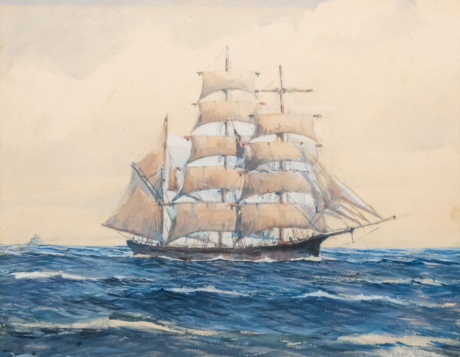 American School, Ship at Sea: American, early 20th century watercolor on paper depicting a fully rigged ship at sea, 15 1/2" x 19 1/2" sight size, 19 1/2" x 23 1/2" framed.
