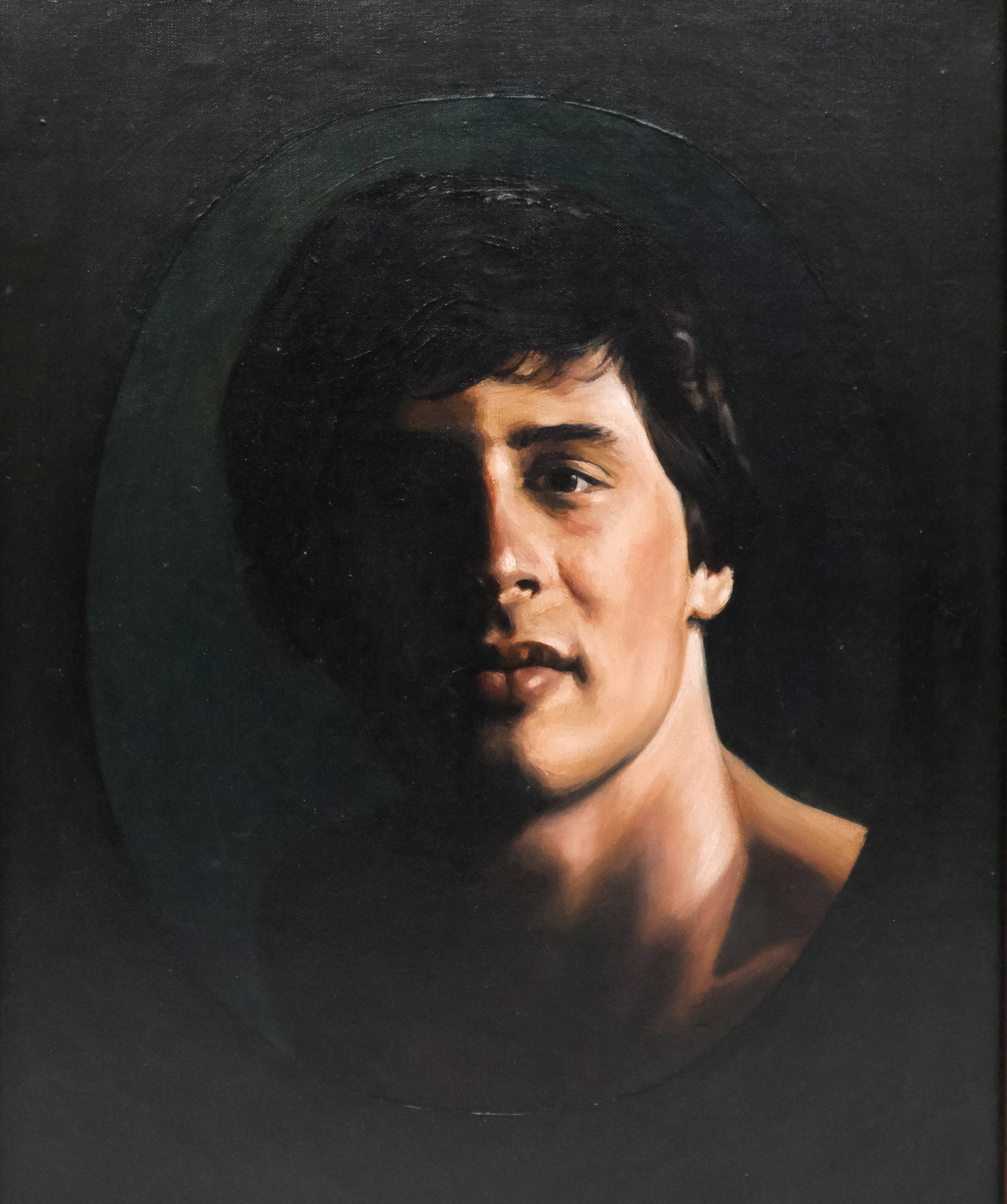 James Disrud, "Brad Mehr": James Disrud (American, 1952-1994), 1981, oil on canvas depicting a dramatic portrait of a man with thick, dark hair, signed, dated and titled verso, 22" x 18" canvas, 26 1/2" x 22 1/2" framed.