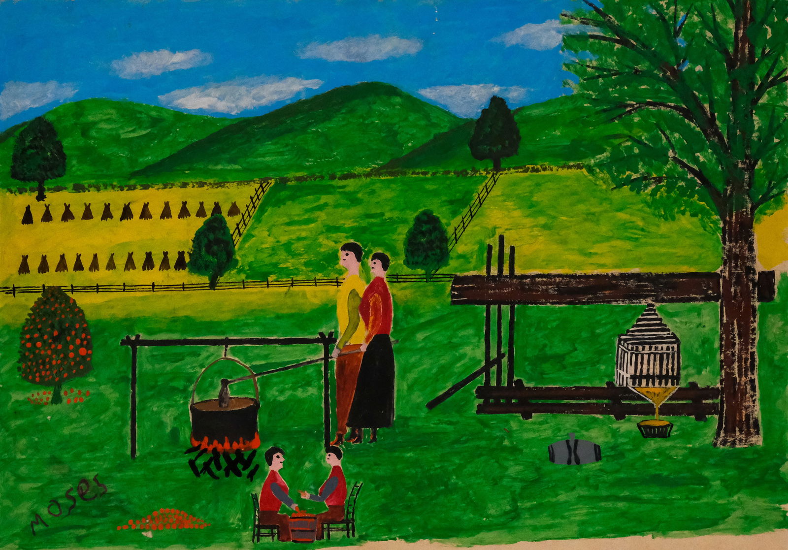 American School, Farm Scene: American, acrylic on board depicting a folk art farm scene in the style of Grandma Moses, signed "Moses" l.l., 18" x 24" overall.