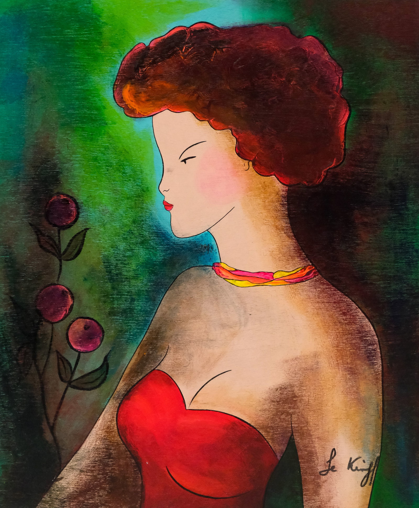 Linda Le Kinff, Lady in Red: Linda Le Kinff (French, born 1949), oil on panel depicting a woman in red against a green ground, 18 1/4" x 15 1/4" overall.