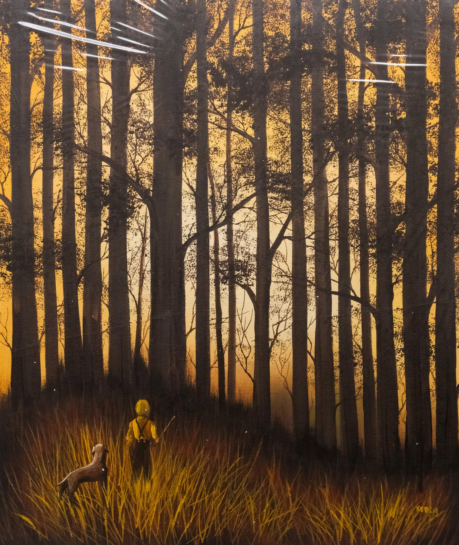 Lydia Kedzie, "Wood Land": Lydia Kedzie (American, born in 20th century), oil on canvas depicting a small child with their dog in the tall grass, signed l.r., 24" x 20 1/2" image size, 26 1/4" x 23 1/4" canvas.
