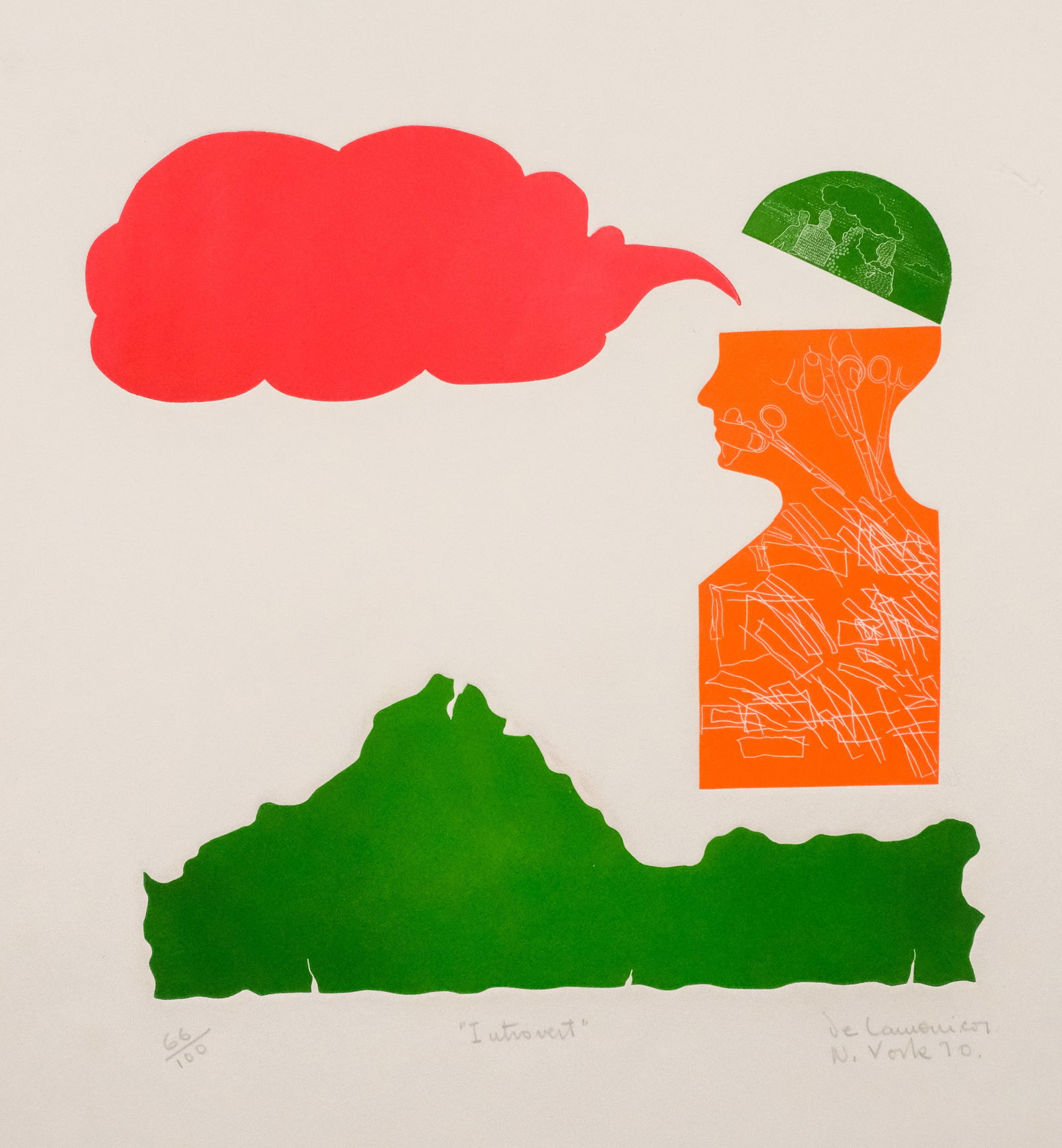 Roberto Delamonica, "Introvert": Roberto Delamonica (Brazilian, 1933-1995), 1970, embossed color etching on paper depicting a silhouetted bust, cut open to show a red cloud emerging, numbered "66/100" l.l., titled l.c., signed and da
