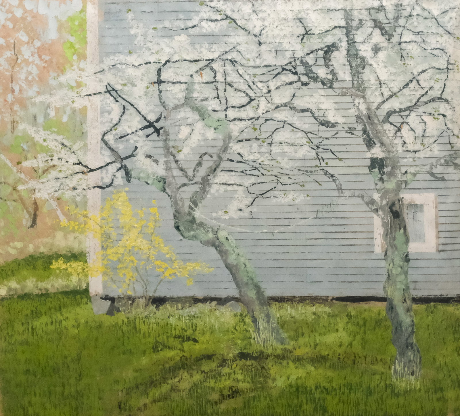 Jean Randall, "Pas de Deux": Jean Randall (American, 20th century), woodcut on paper depicting two trees with a string linking them, titled l.c., signed in pencil l.r., 21" x 23" sight size, 30 1/2" x 31 1/2" framed.