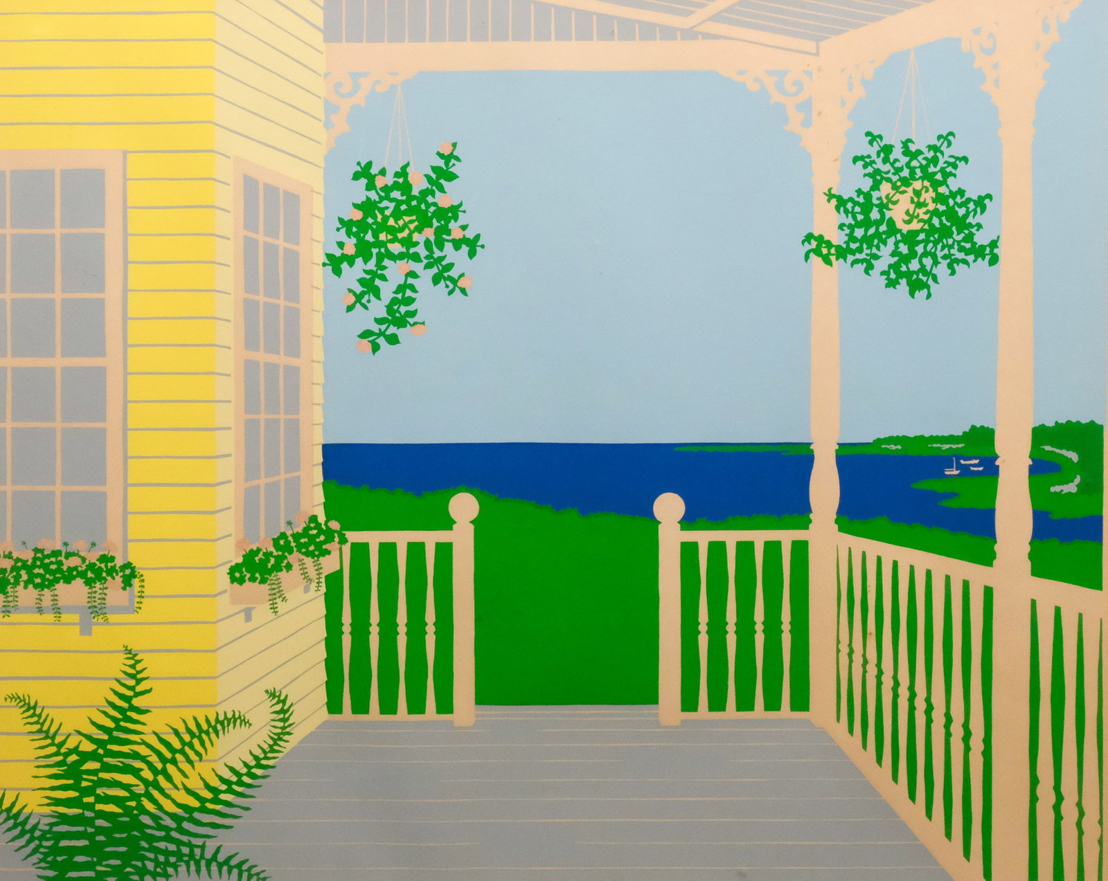 Eric Holch, "Summer Porch": Eric Holch (American, 20th century), silkscreen on paper depicting a sunny porch, numbered "102/110" l.l., titled l.c., signed in pencil l.r., 24" x 30" image size, 31 1/2" x 37" framed.
