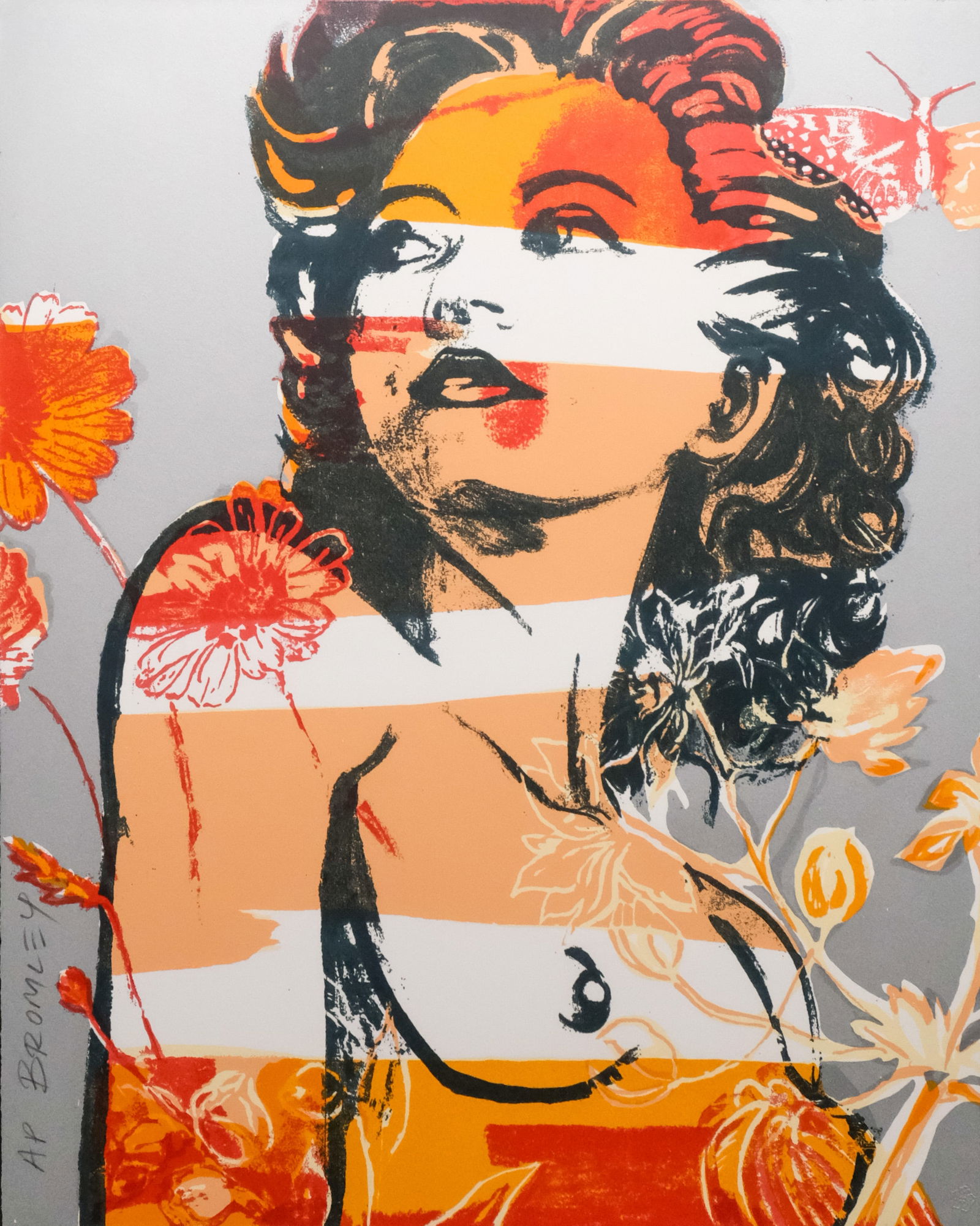 David Bromley, "Hilary": David Bromley (Australian, born 1960), silkscreen on paper depicting a lovely nude in warm tones, surrounded by butterflies and flowers, signed l.l., 29 1/2" x 23 1/2" sheet size, 43" x 34 1/2" framed