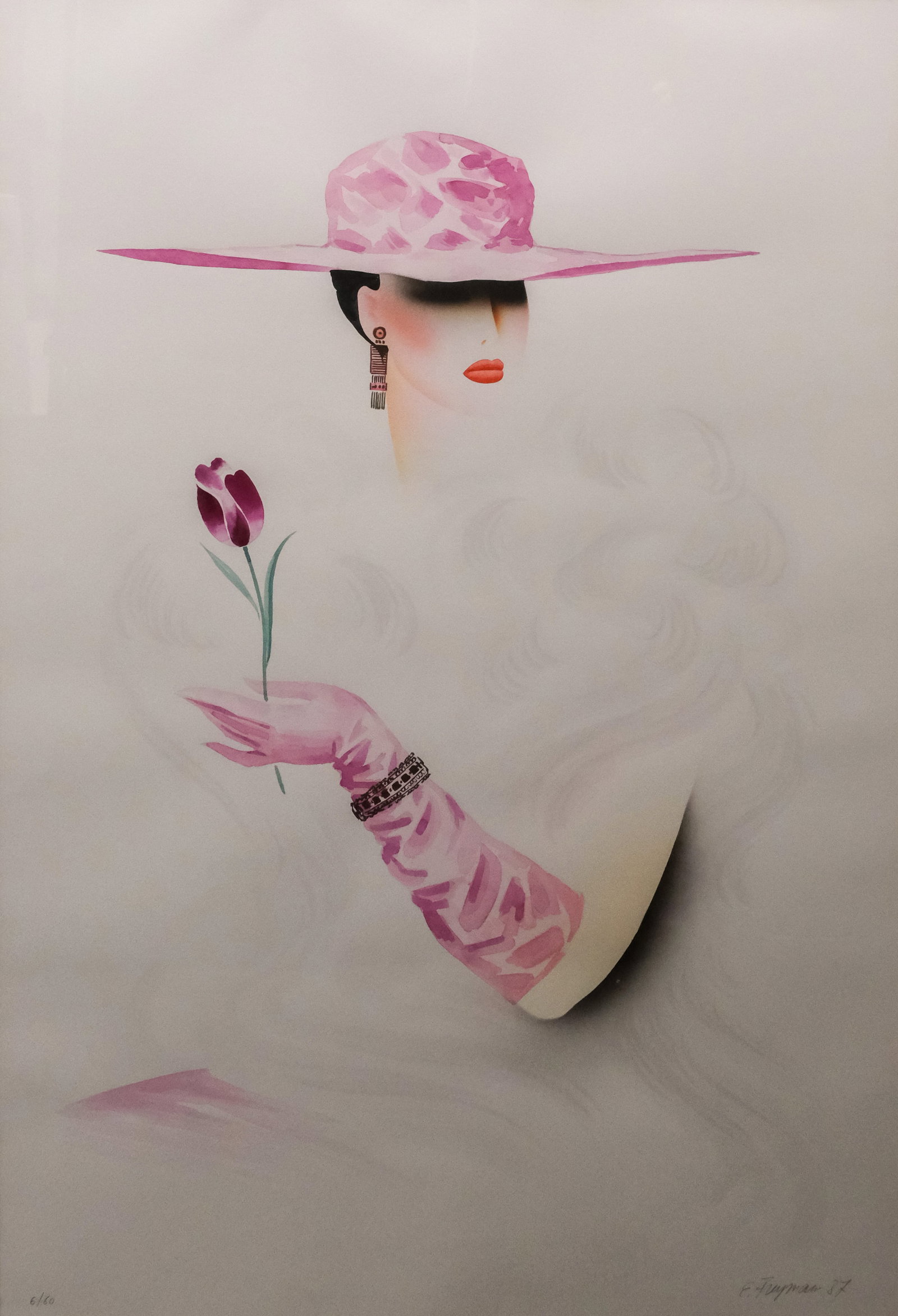 Eric Freyman, Woman with a Tulip: Eric Freyman (American, born 1932), 1987, lithograph on paper depicting an elegant woman in pink gloves and hat, numbered "6/60" l.l., signed in pencil l.r., 43 1/4" x 29 1/4" sight size, 53 3/4" x 39