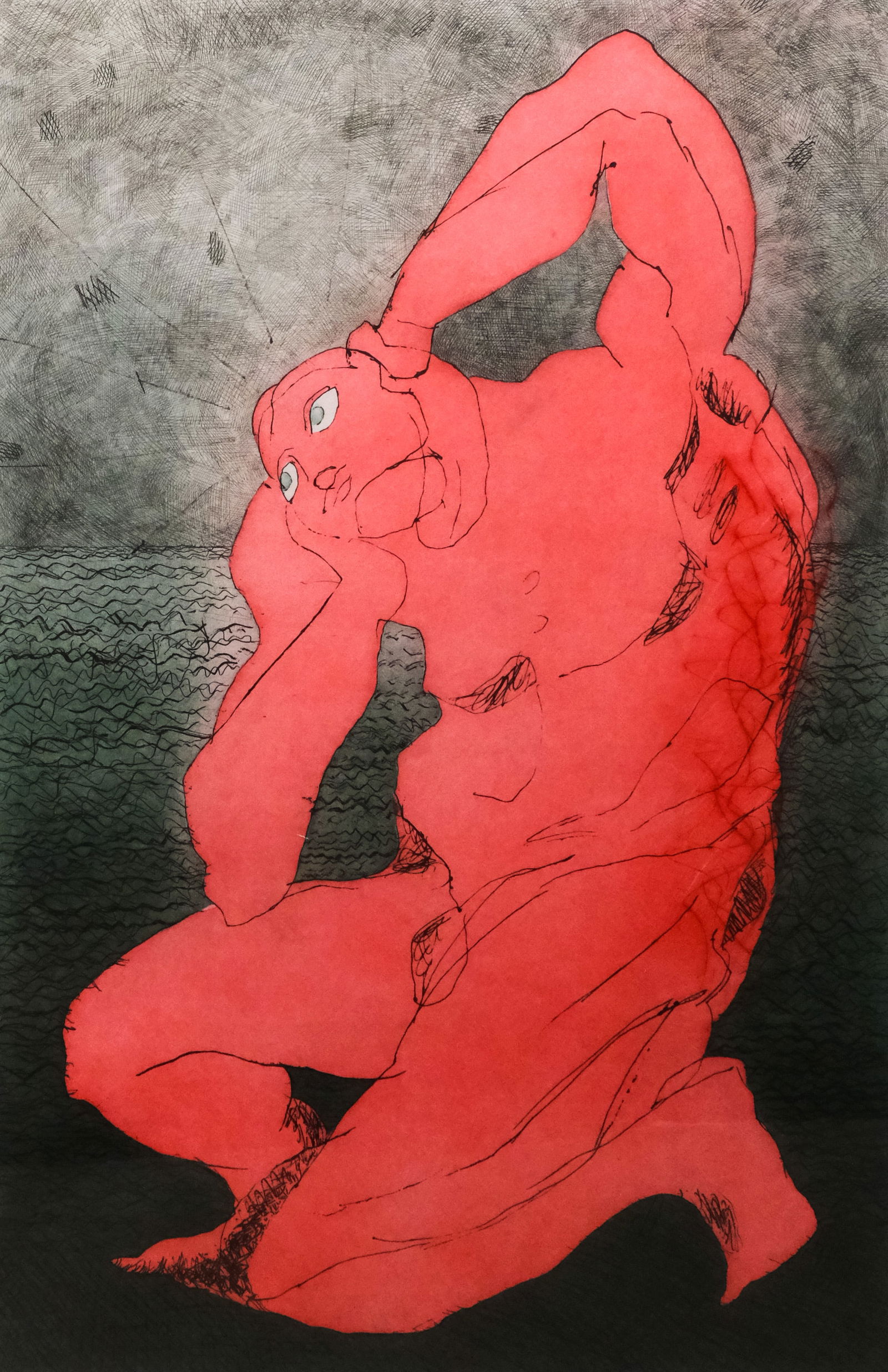 Sandro Chia, Man and the Sea: Sandro Chia (Italian, born 1946), etching and aquatint on paper depicting a red man, hands covering his ears, kneeling over the sea, numbered "3/36" l.l., signed and dated in pencil l.r., 35 1/2" x 23
