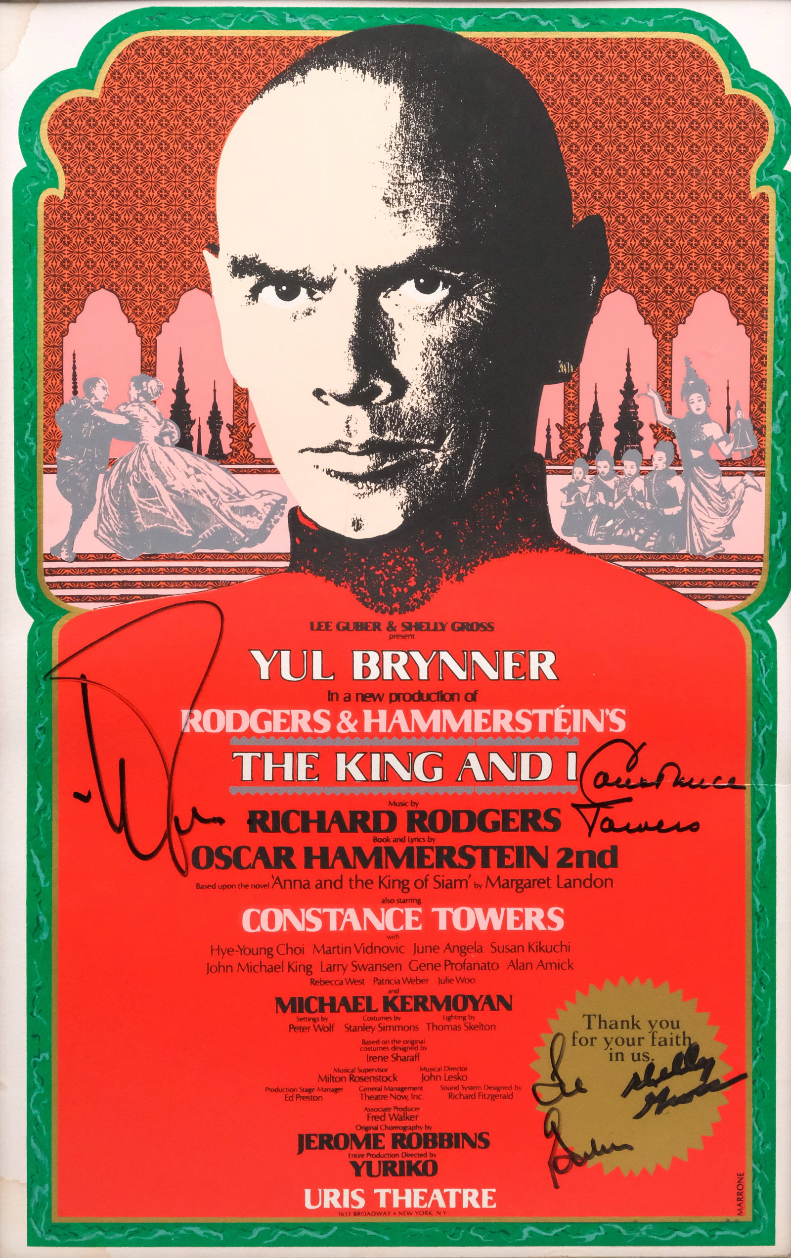 Signed "The King and I" Poster: 1979 "The King and I" production poster in the Uris Theater in New York, signed by Yul Brynner, Constance Towers and other cast members, 21 1/2" x 13 1/2" sight size, 22 1/4" x 14 1/4" framed.