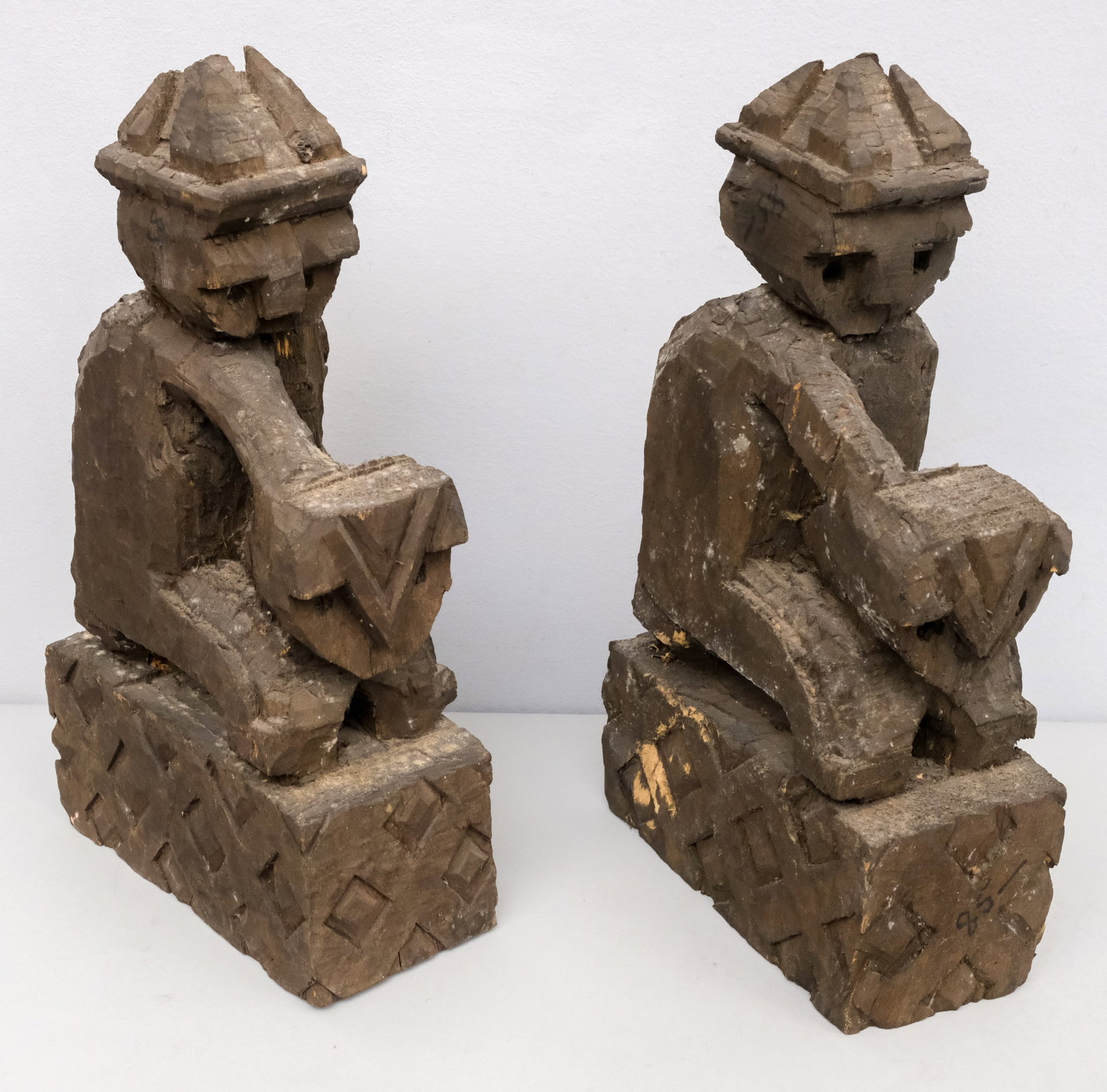 2 Primitive Carved Wood Cat Riders: Probably African. 13".