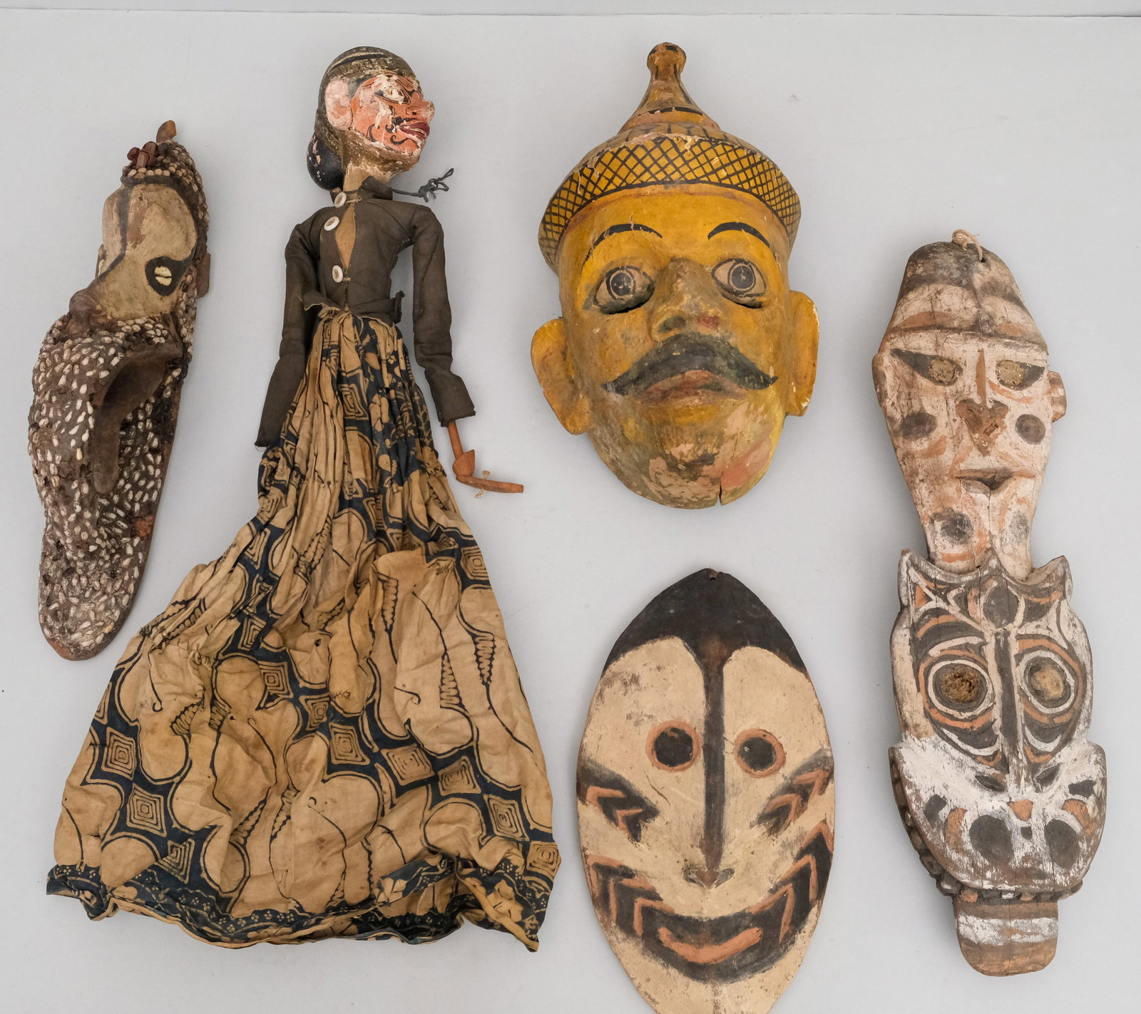 Group of Mostly Southeast Asian Masks & Puppets: Including a shell studded example.