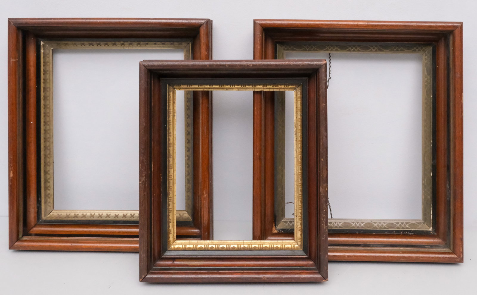 Group of Three American Walnut Frames: American, ca. 1860, having gilt liners. Biggest Overall 13 3/4" x 15 3/4" x Rabbet 9 1/2" x 12", Molding 2". Smallest Overall 11 1/2" x 14", Rabbet 7 1/2" x 10", Molding 2 1/4".
