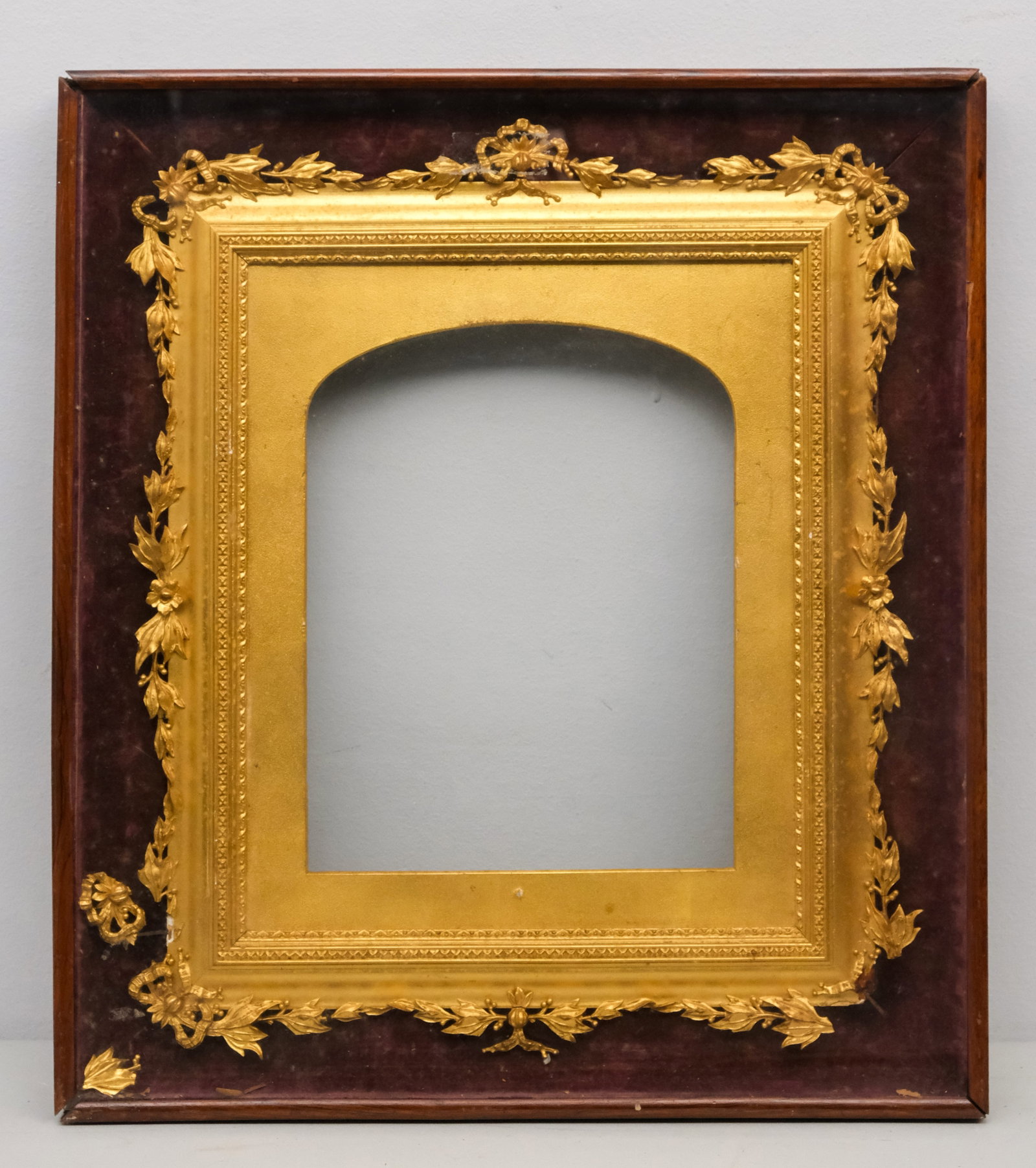 American Shadowbox Gilt Frame 8" x 10": American, ca. 1880, in the French taste mounted in a velvet lined shadow box. Overall 15 1/4" x 17", rabbet 8" x 10", molding 4".