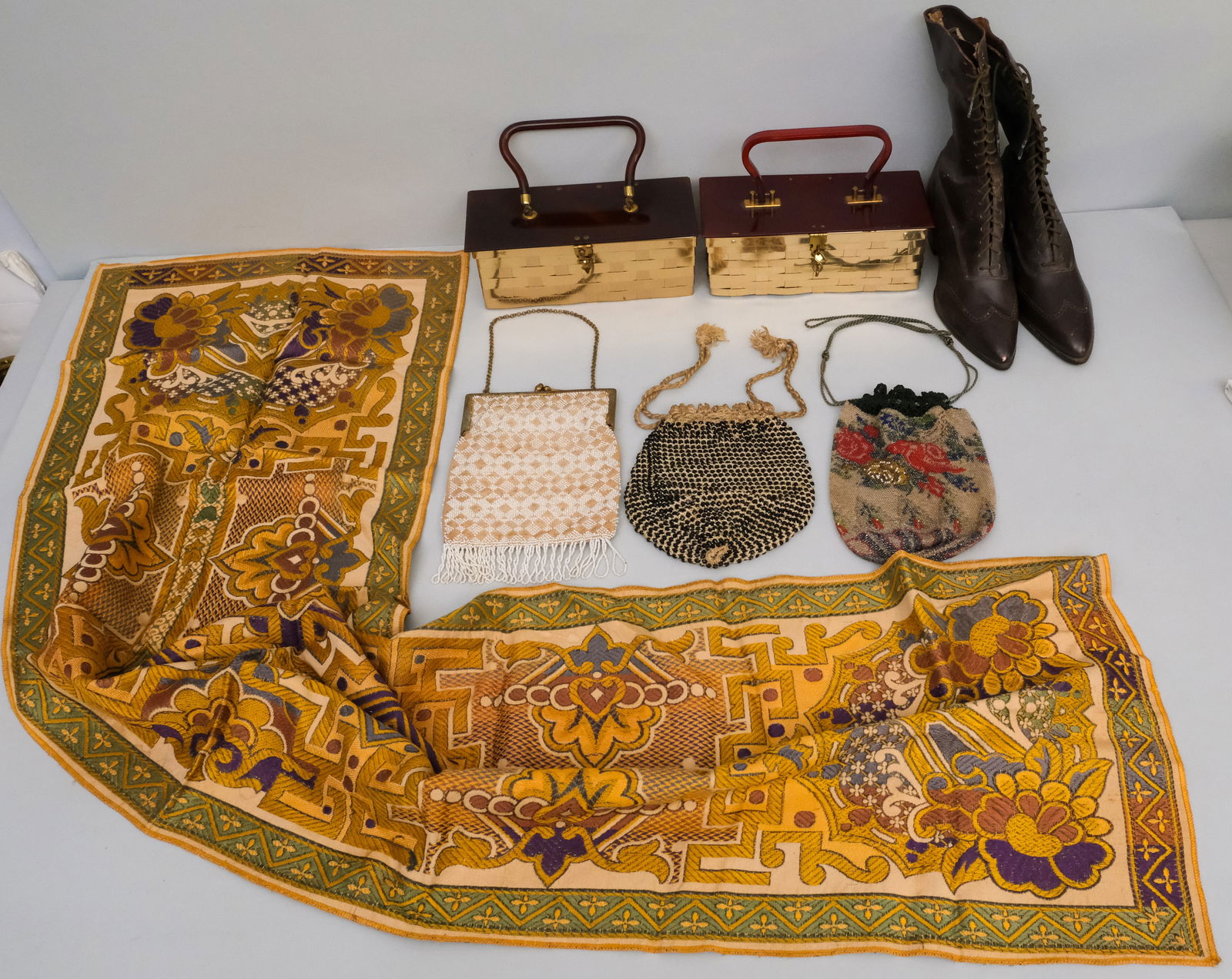 Group of Antique Handbags & Purses: Including some lucite top versions. Together with a pair of old boots.