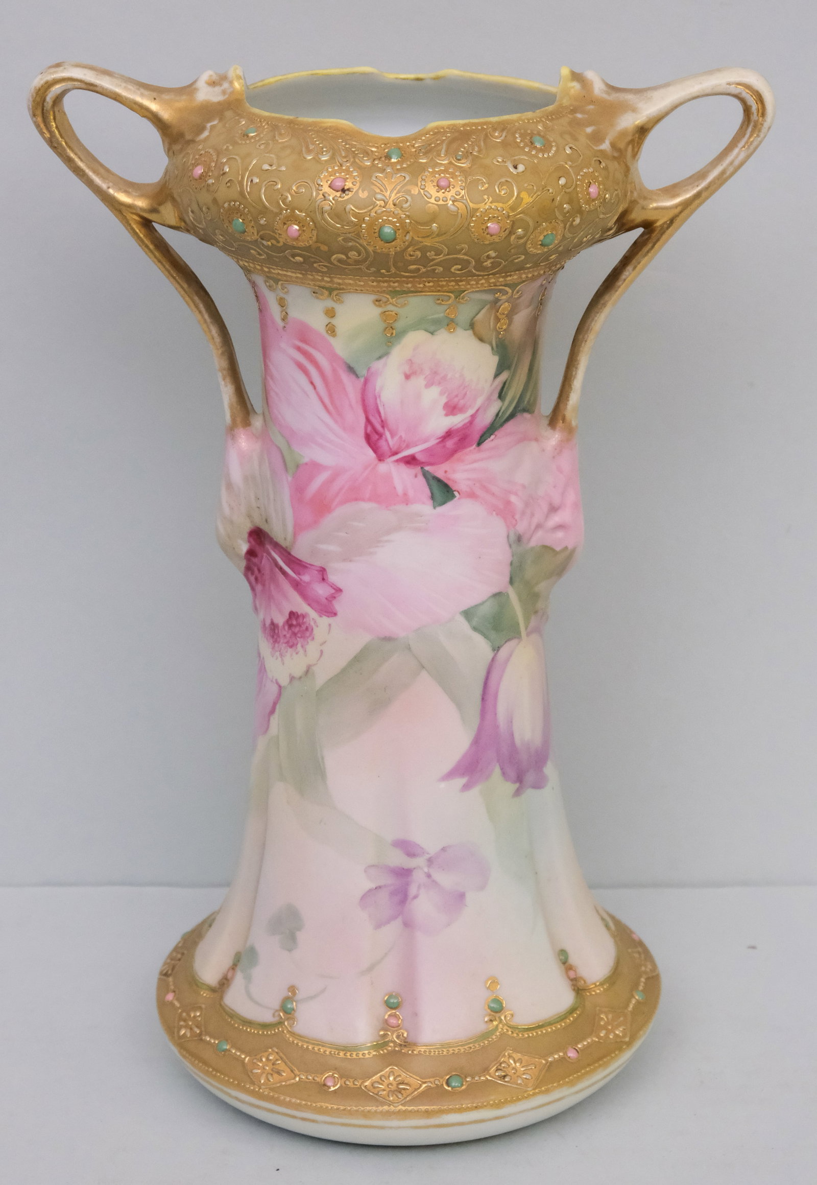 Antique Morimura Gumi Nippon Porcelain Vase: Heavy Moriage with bejeweled elements and floral surround. 11 1/2".