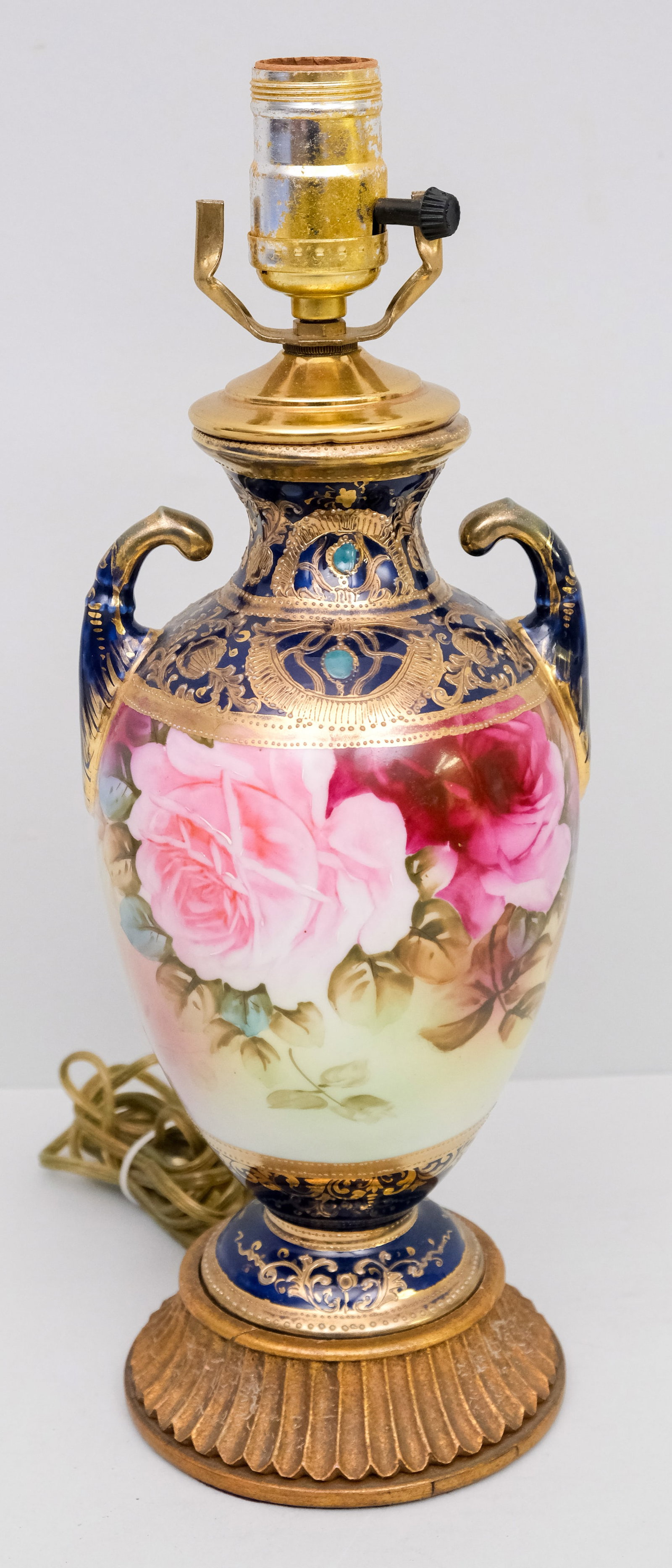 Antique Nippon Porcelain Lamp: Cobalt field with heavy gilded and jeweled Moriage. 15 1/4".