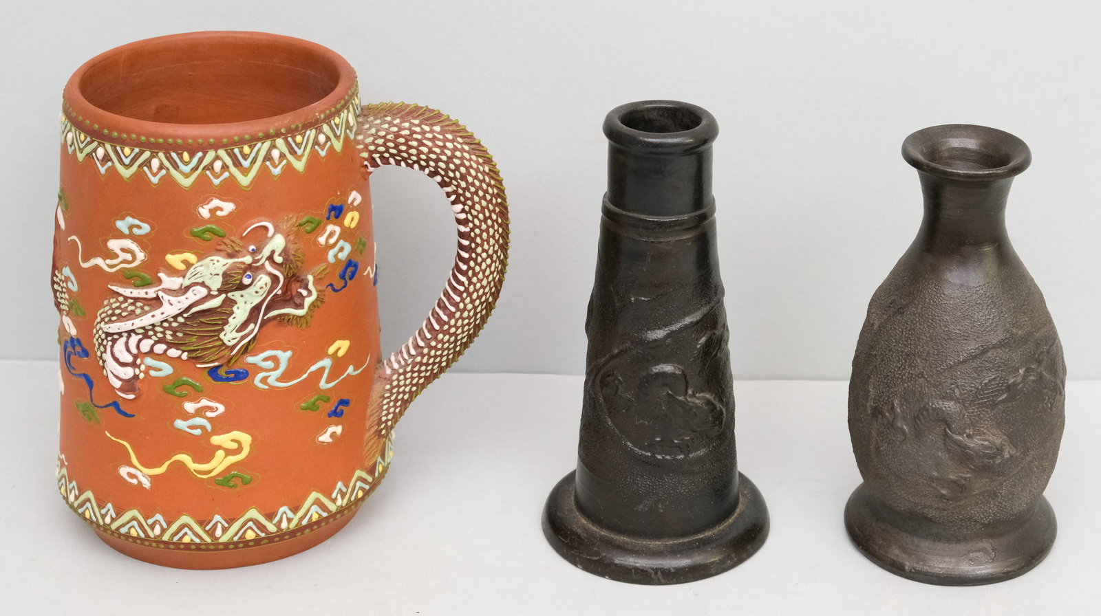 Two Nippon Black Dragon Vases & A Dragon Mug: With high relief dragons. 6" to 6 1/2".