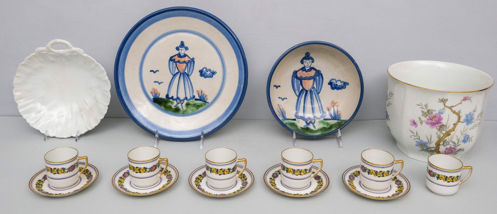 Group of Mixed Porcelain & Pottery: Including a Limoges demitasse set and two pieces of M.A. Hadley pottery and a wine cooler. Wine cooler 6 1/2" tall.