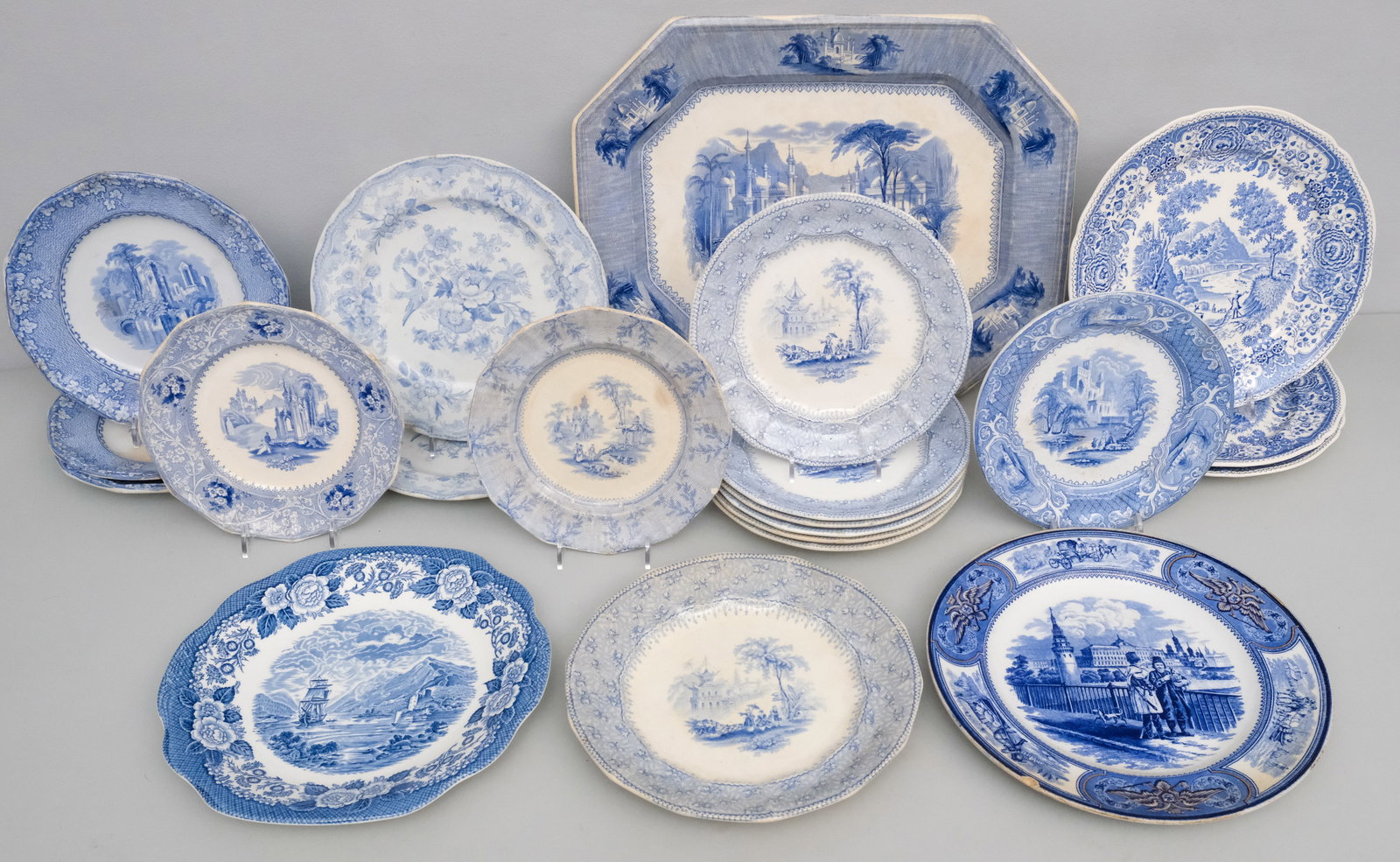 Group of Blue & White Staffordshire Transferware: Antique porcelain group including Priory, Pekin, and Siam patterns, with makers including Wedgwood and Alcock. Siam Platter 16".