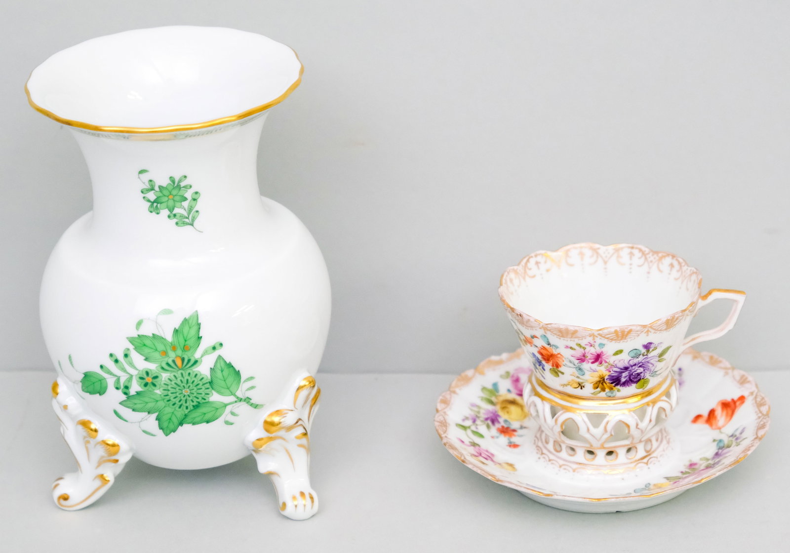 Herend Porcelain Vase & Dresden Trembleuse Cup: The vase footed in the Green Chinese Bouquet, the cup with reticulated saucer (chip to saucer rim). Vase 6 1/2".