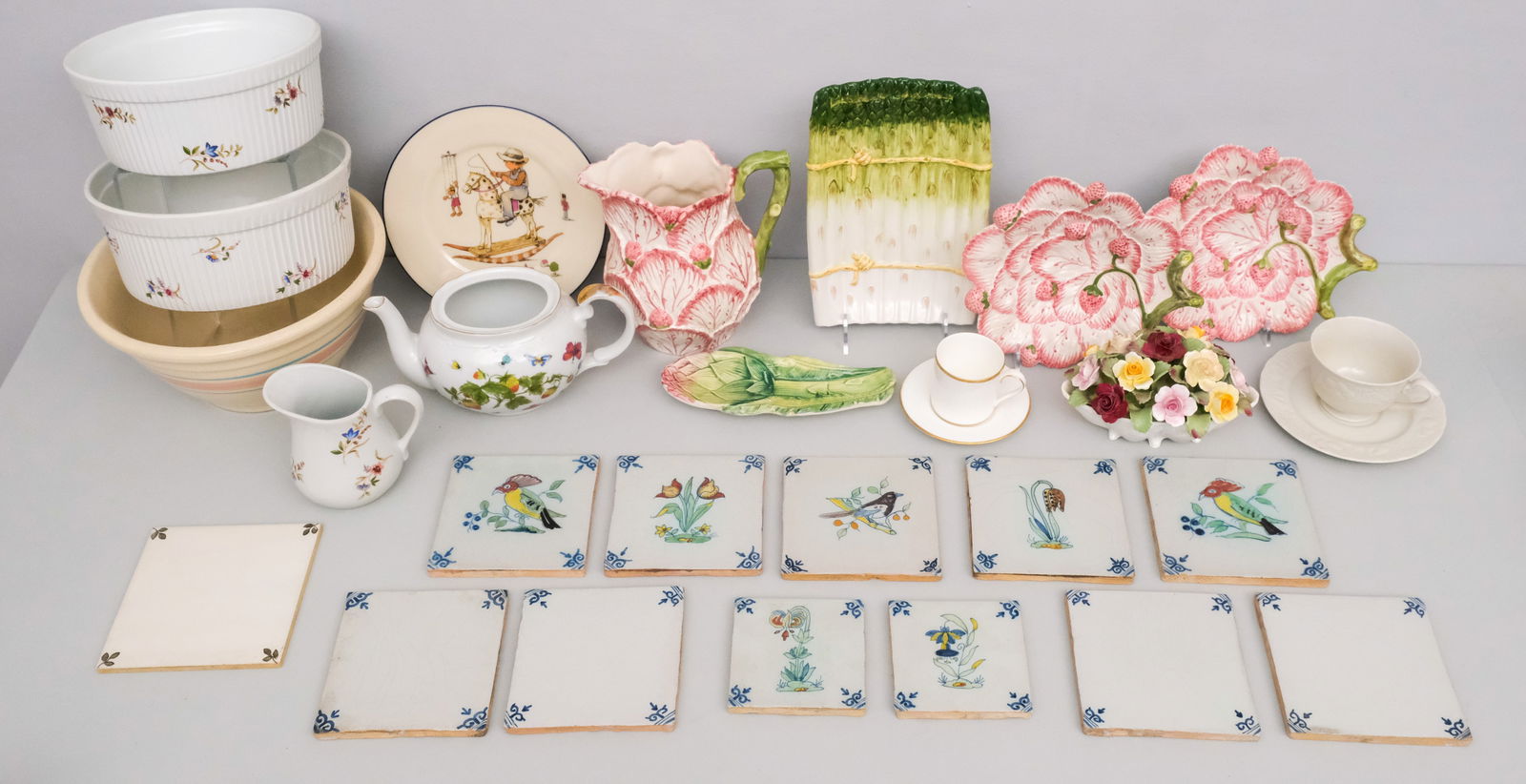 Large Group of Porcelain & Pottery: Various makers and forms, including delft style tiles.