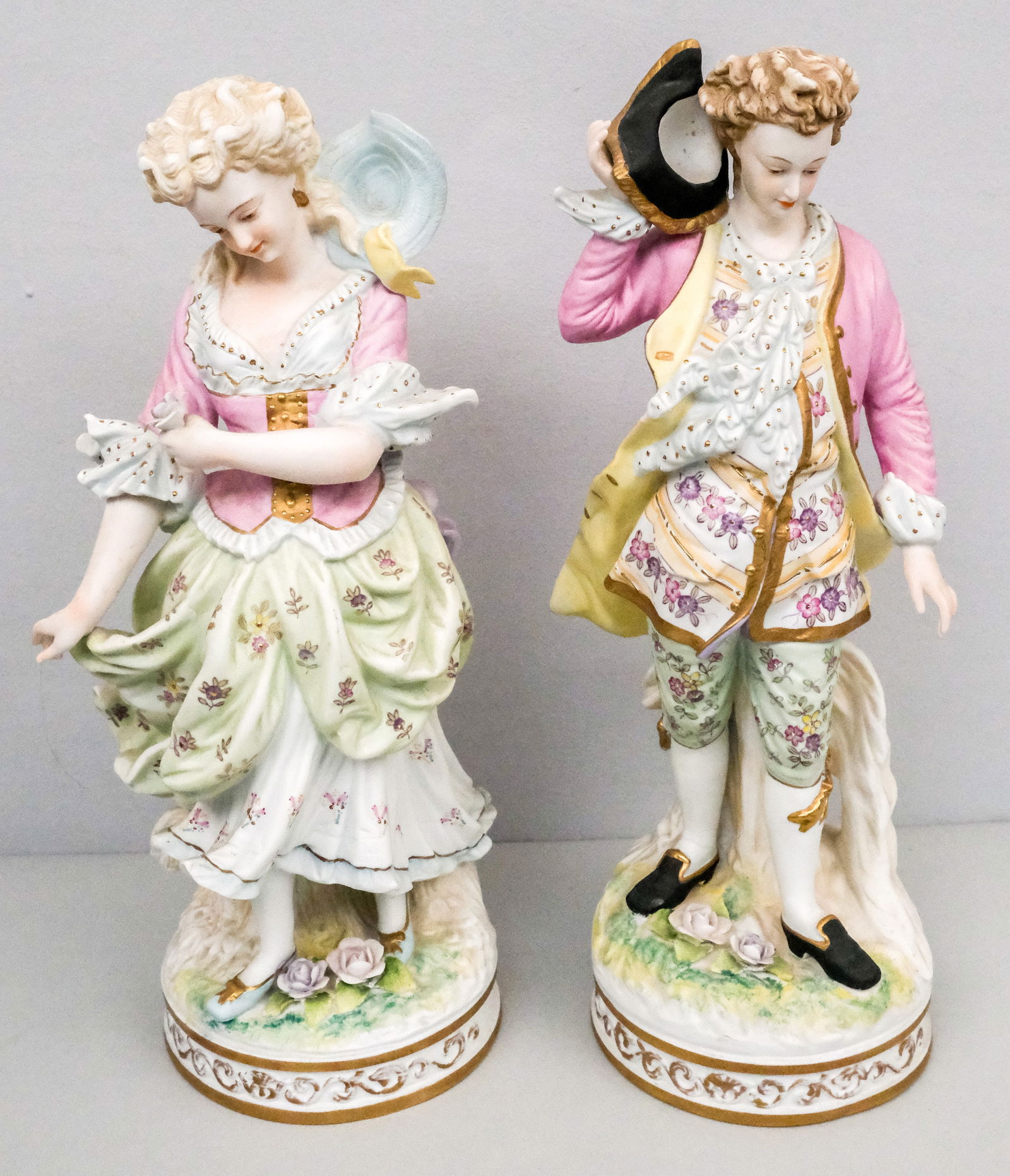 Antique Pair Continental Bisque Porcelain Figures: Comprising a lady and gentleman at court. Marked as shown. 15 3/4".