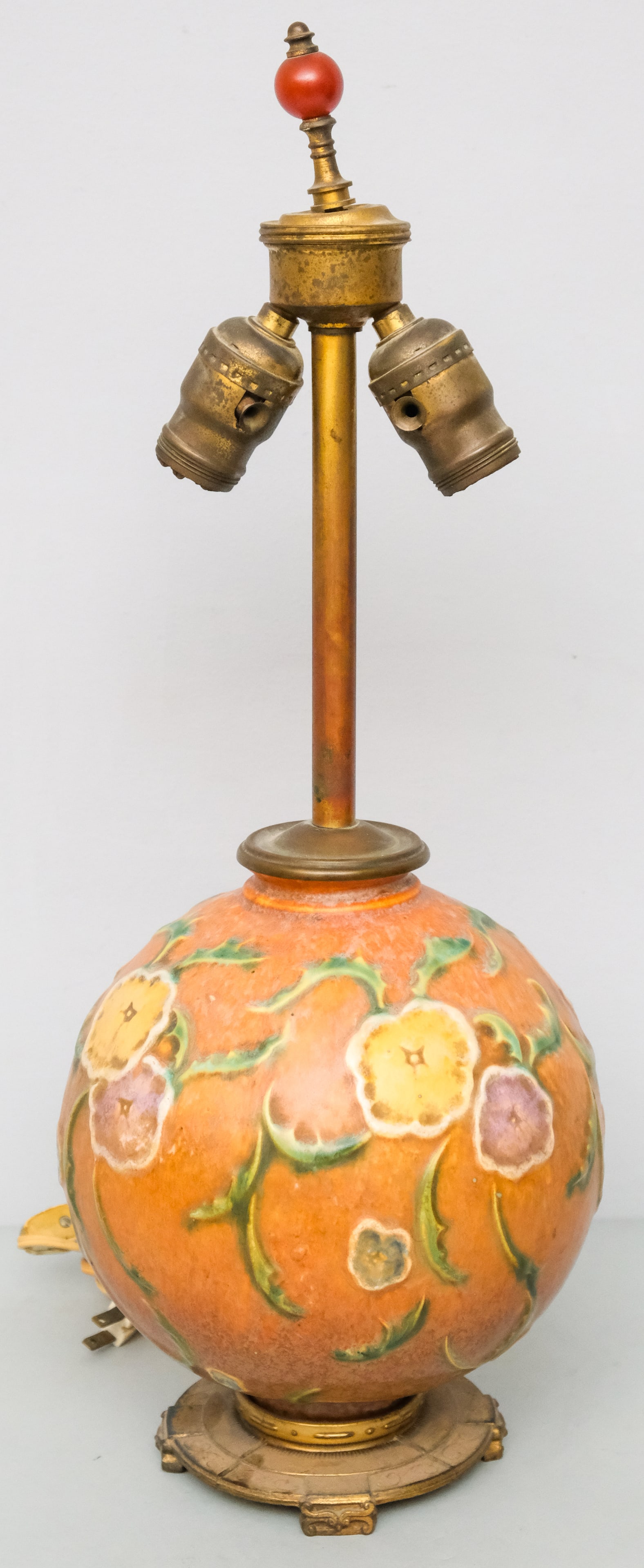 Early Roseville Pottery Lamp: Raised floral decor. Marked as shown. 21".