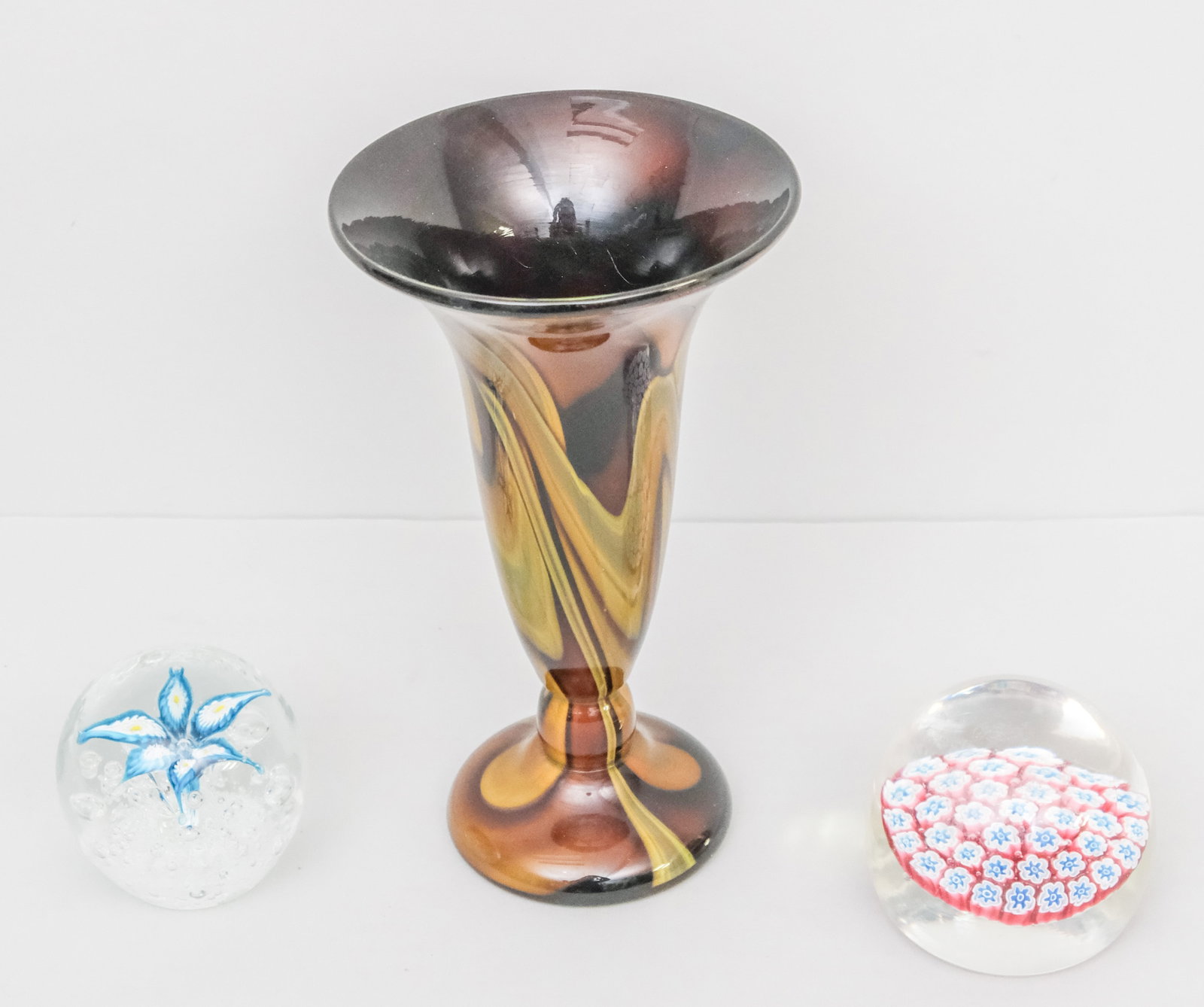 Group of Antique Art Glass: Comprising two paperweights and a pulled trumpet vase. Vase 8".